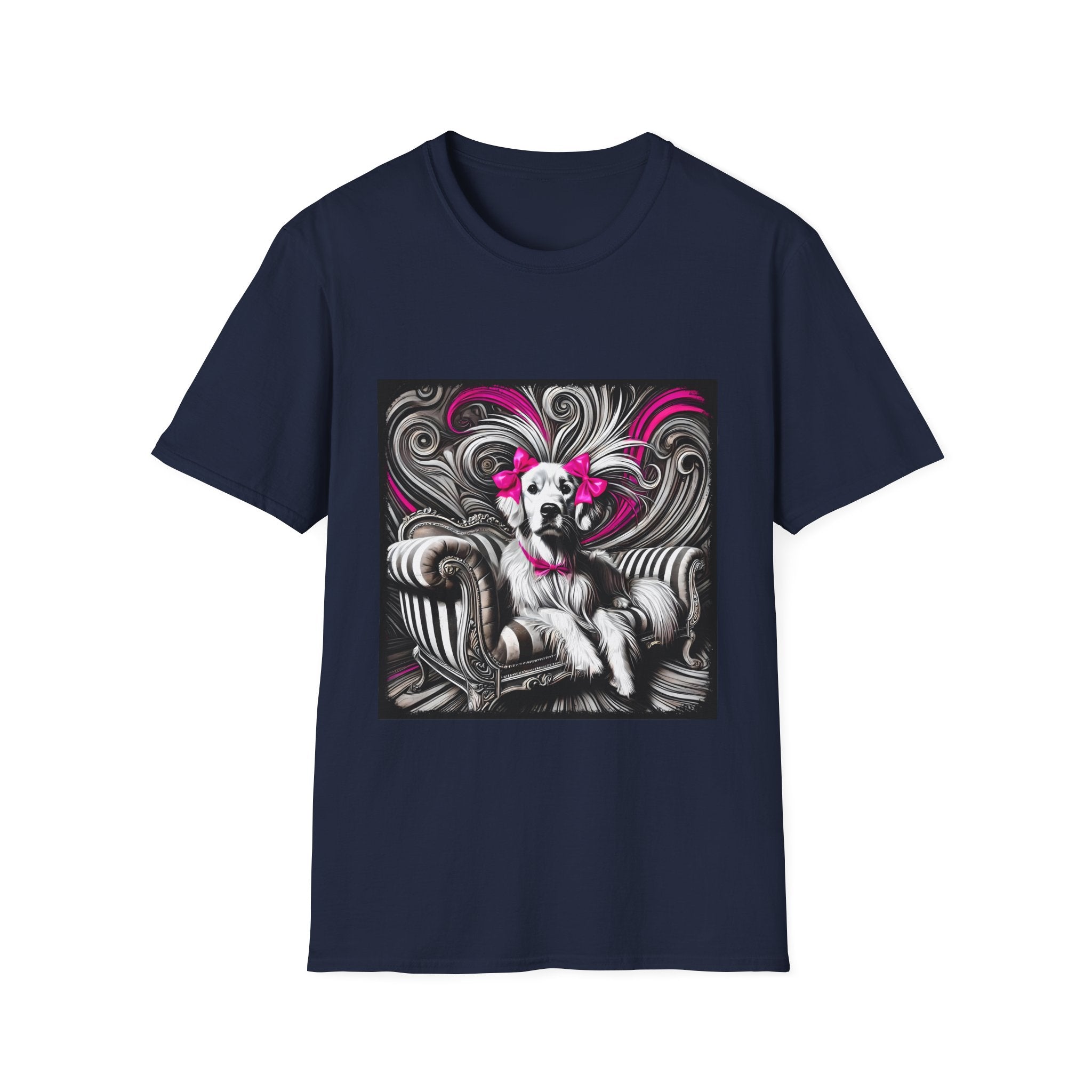 Navy dog t-shirt featuring black-and-white art of retriever with pink bows and swirling accents.