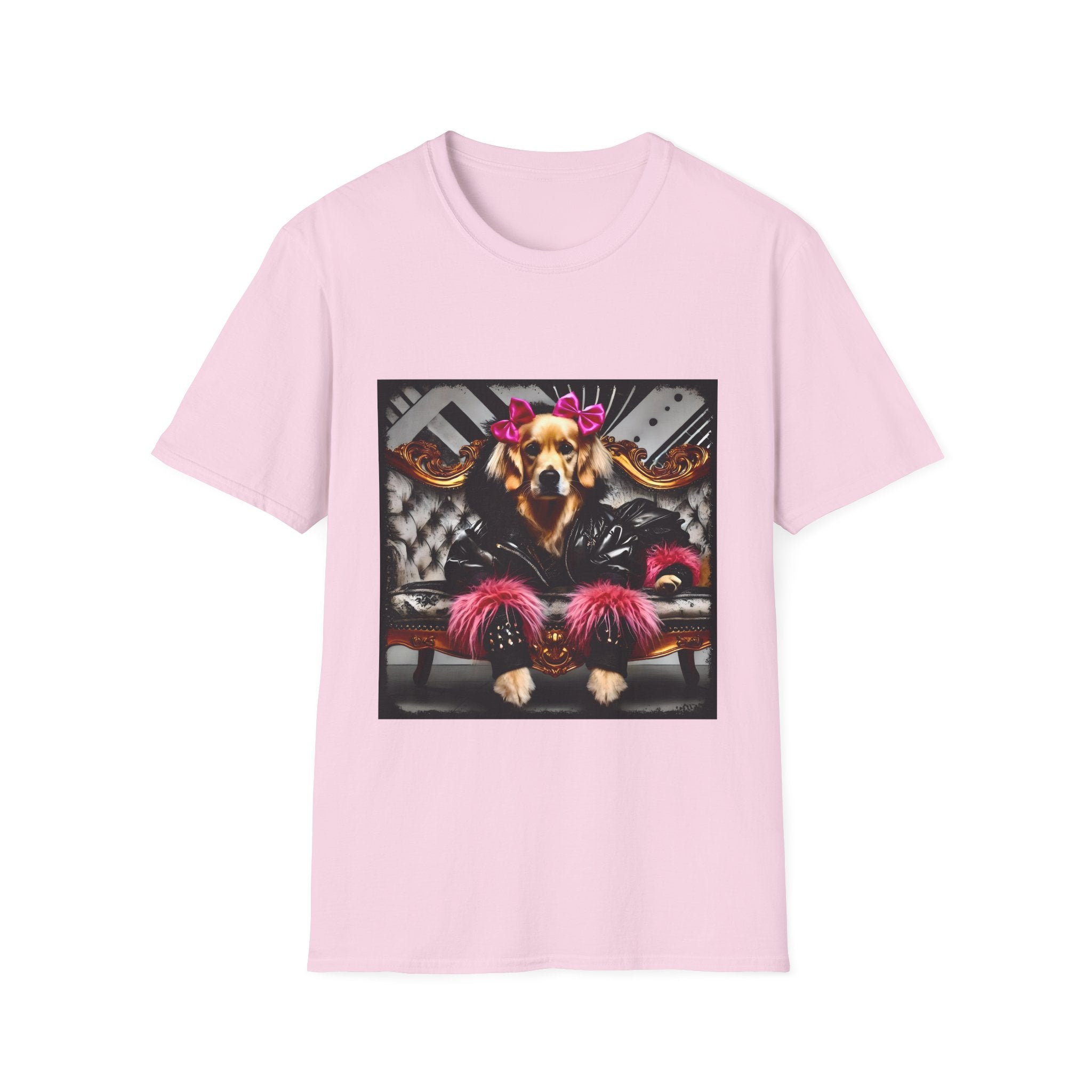 Light pink dog t-shirt with golden retriever in edgy outfit, pink bows and cuffs, on silver tufted settee.