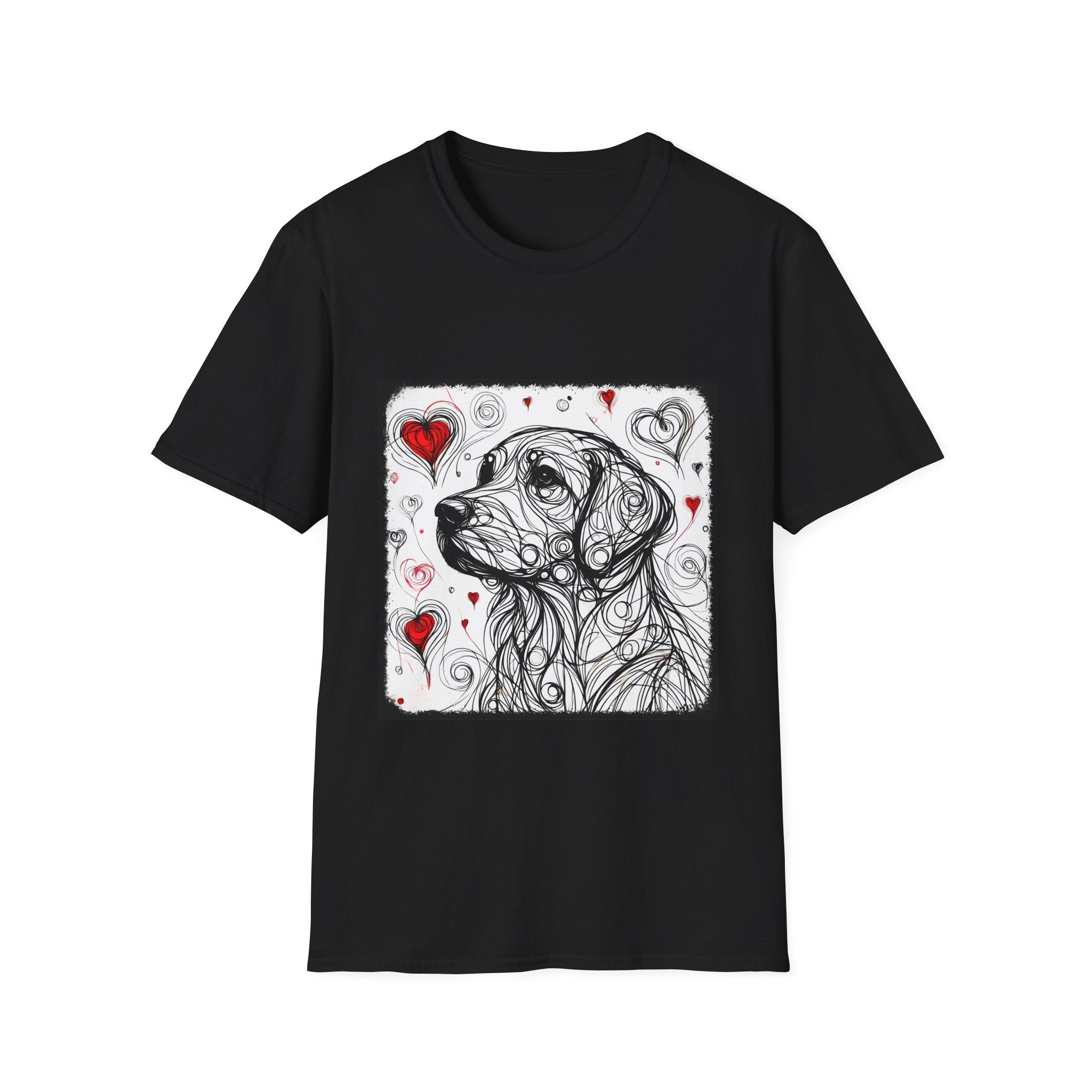 Black dog t-shirt featuring golden retriever line art with red hearts on a white background with abstract swirl pattern.