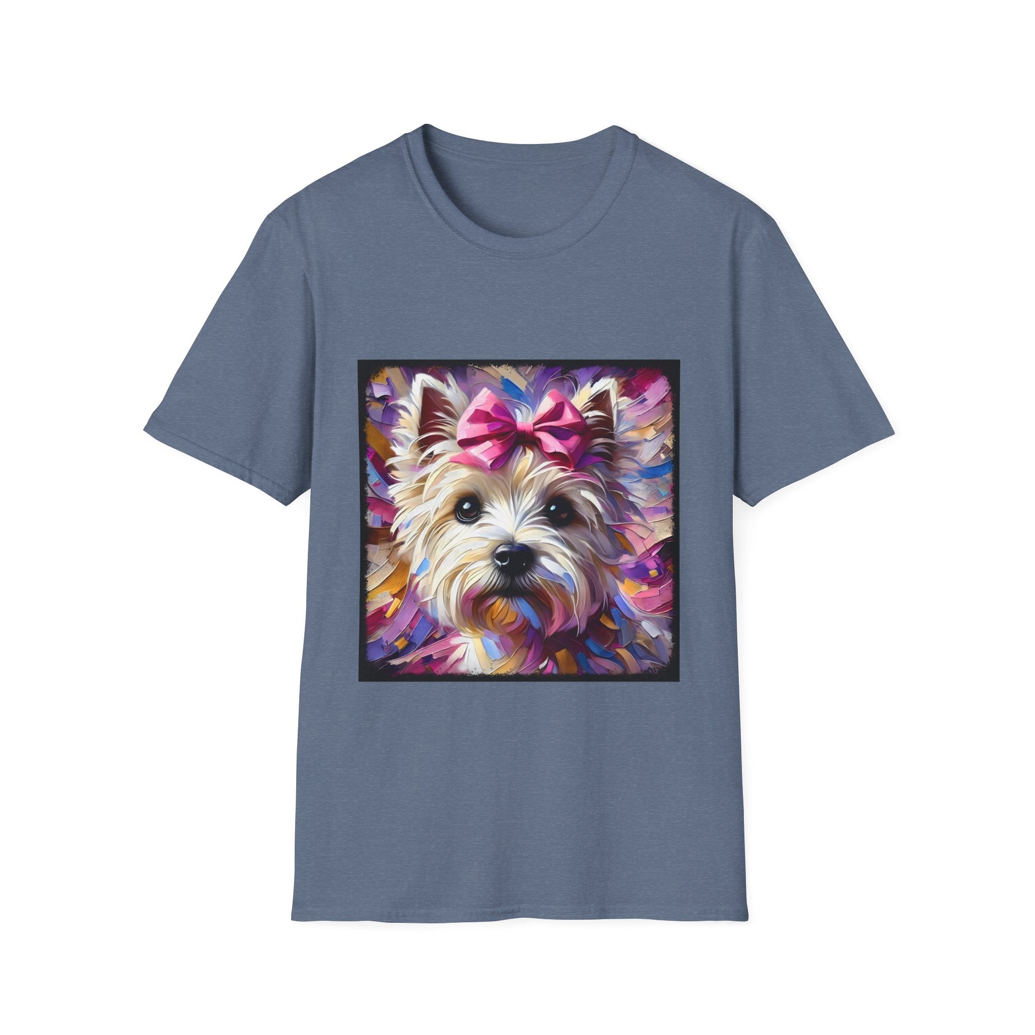 Heather indigo dog t-shirt with Westie face, pink bow, and bold brushstroke colors in purple, pink, and gold.