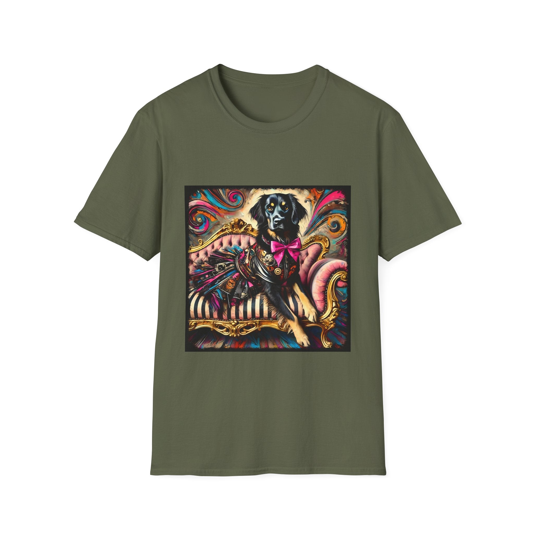 Military green dog t-shirt with black retriever in edgy outfit and pink bow on striped settee, swirl backdrop.