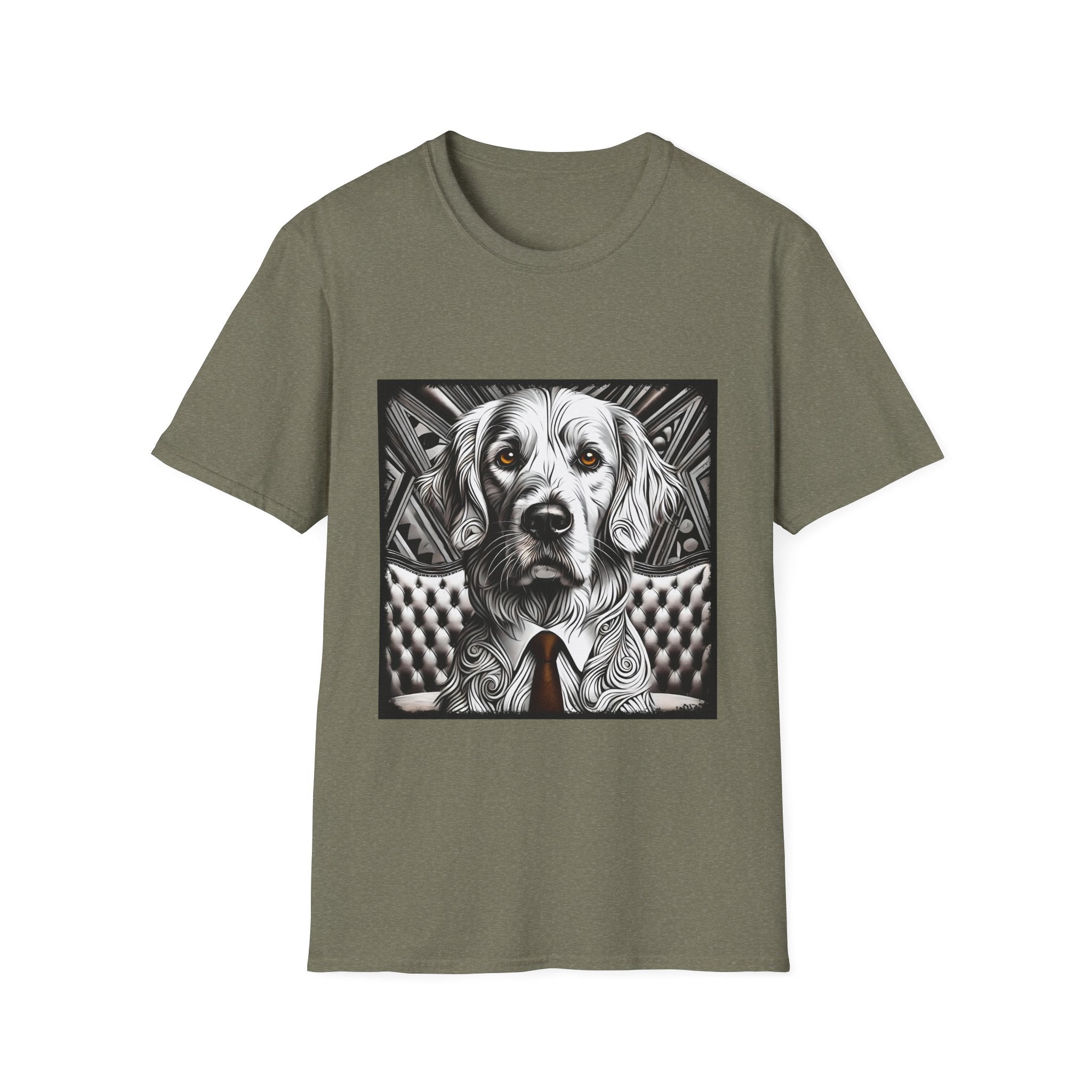 Heather military green dog t-shirt featuring monochrome golden retriever with brown eyes and tie in front of settee.