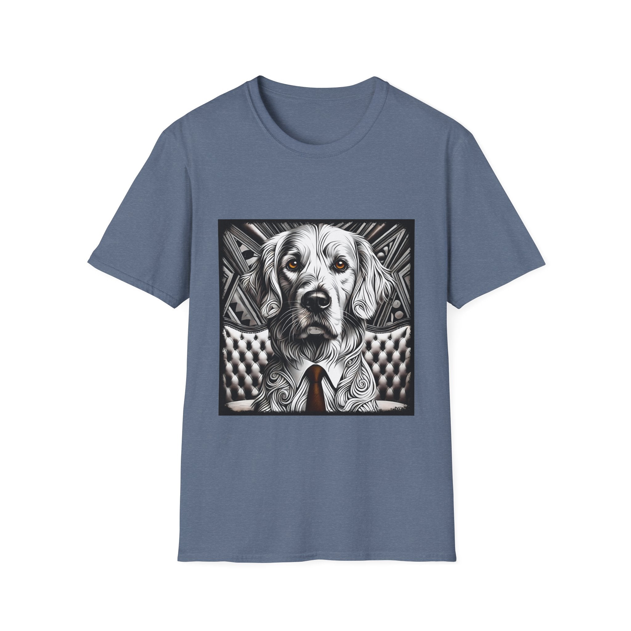 Heather indigo dog t-shirt featuring monochrome golden retriever with brown eyes and tie in front of settee.