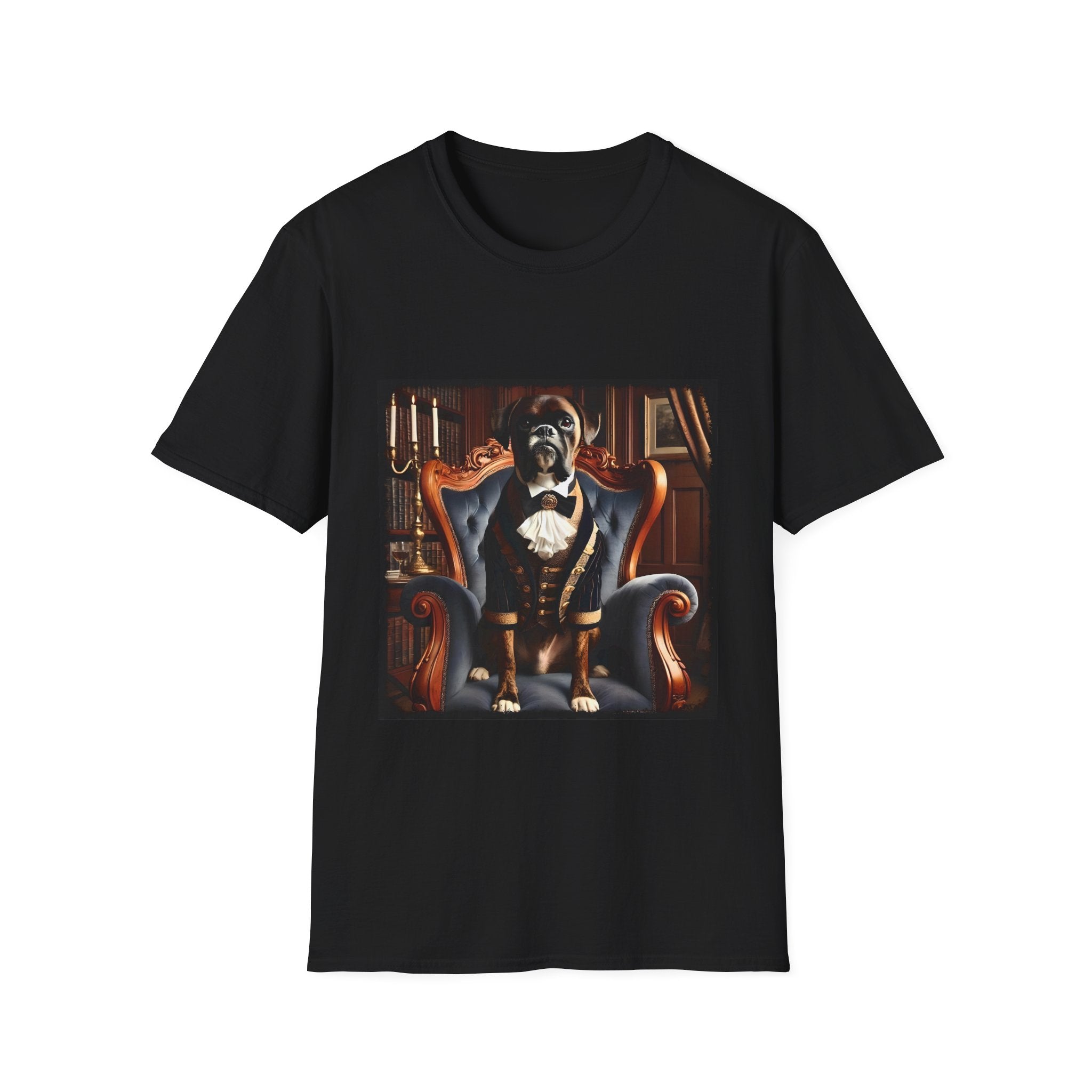 Black dog t-shirt featuring boxer in brown period suit with cravat seated in ornate blue armchair.