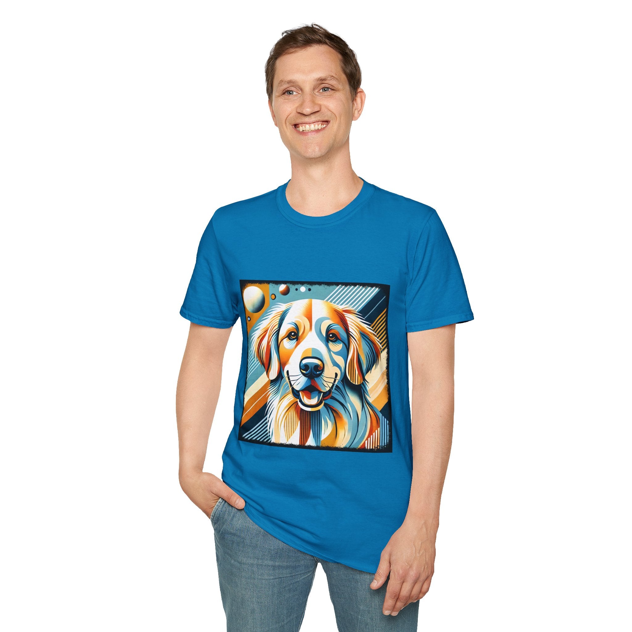 Male model in sapphire blue dog t-shirt featuring smiling golden retriever in abstract pop style with blue, orange, and cream tones.