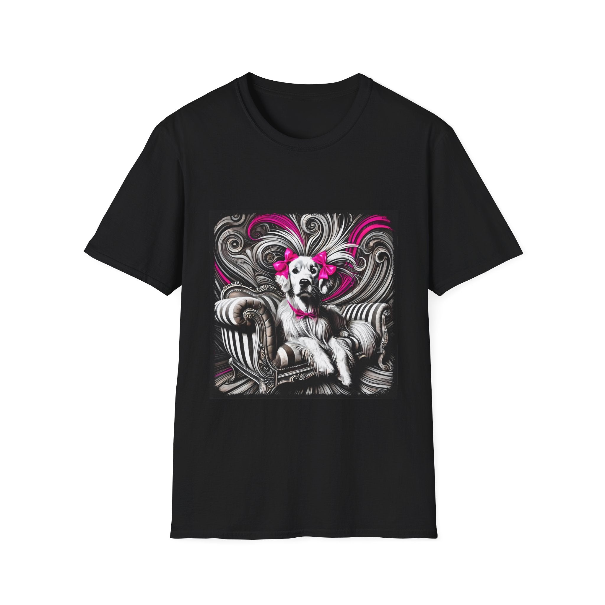 Black dog t-shirt featuring black-and-white art of retriever with pink bows and swirling accents.