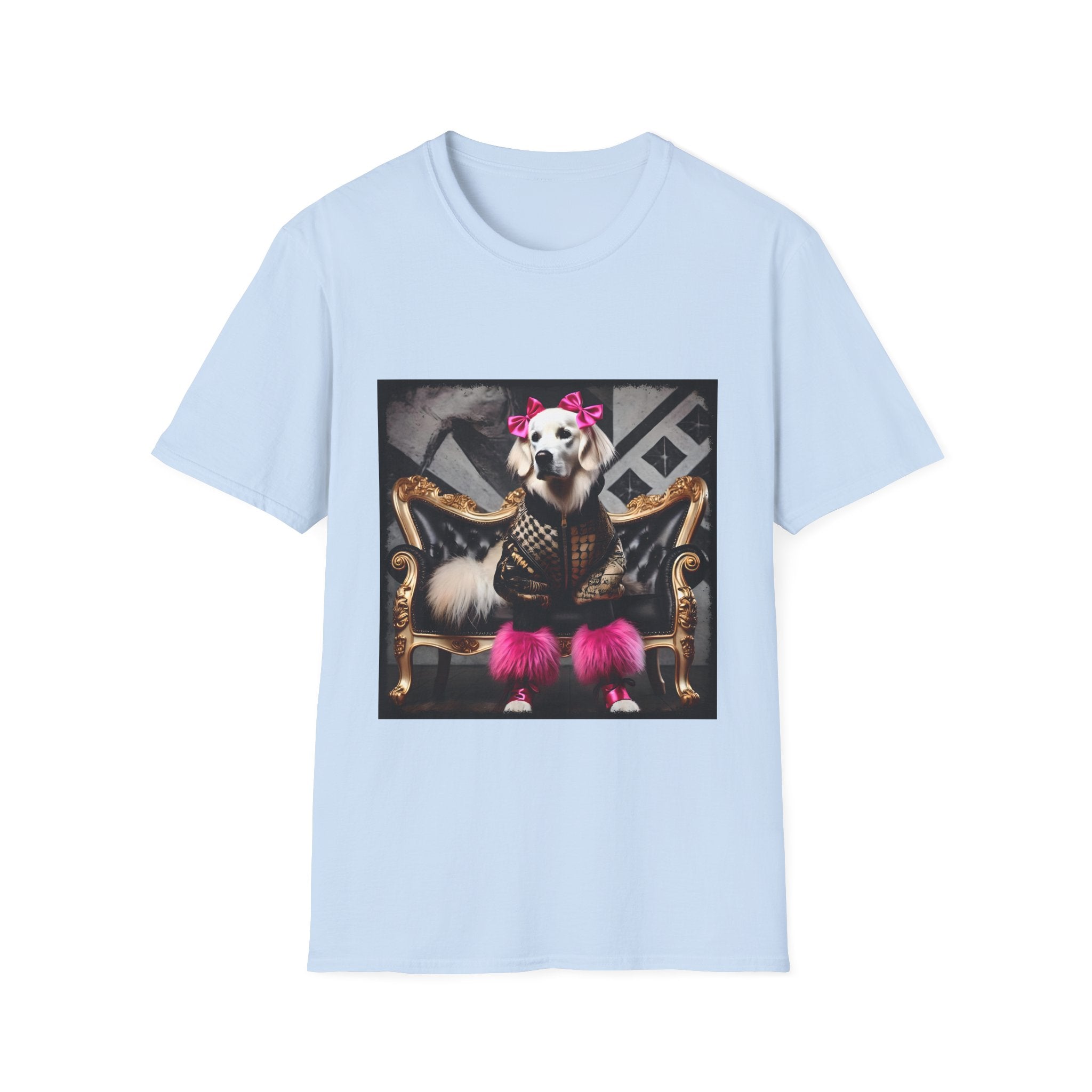 Light blue dog t-shirt featuring white dog in pink bows and boots on gold settee with edgy gray backdrop.