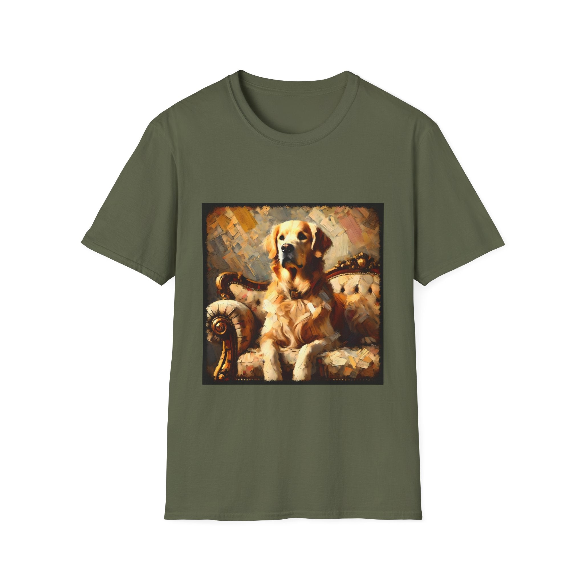 Military green dog t-shirt with golden retriever on ornate couch, painted in rich textured brushstrokes.