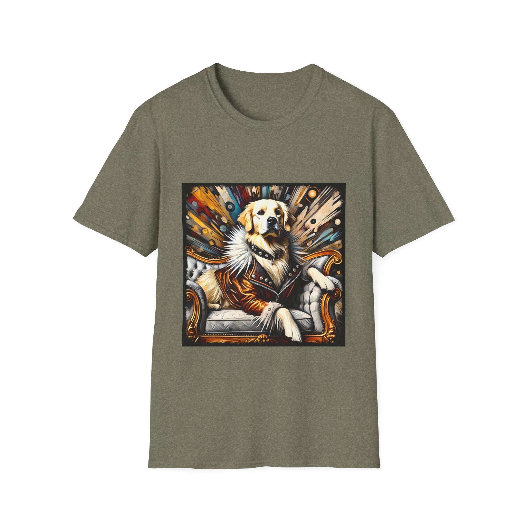 Heather military green dog t-shirt featuring golden retriever in fur coat on gold throne with colorful backdrop.