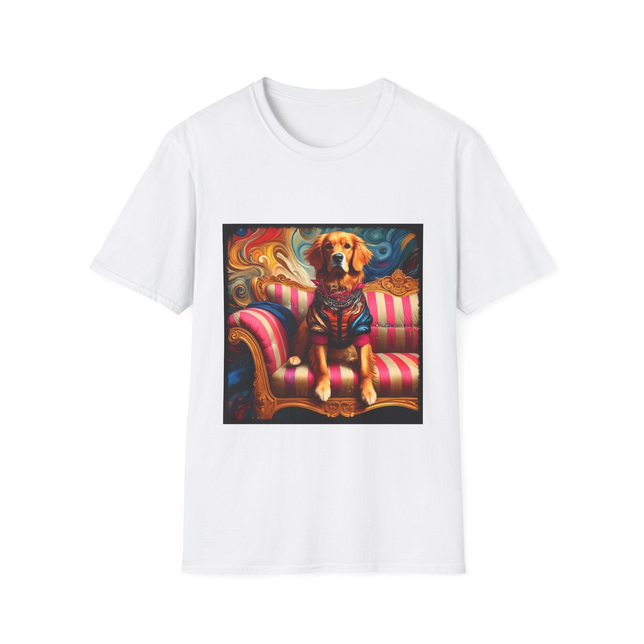White dog t-shirt with golden retriever in regal jacket on pink striped settee, swirled backdrop.