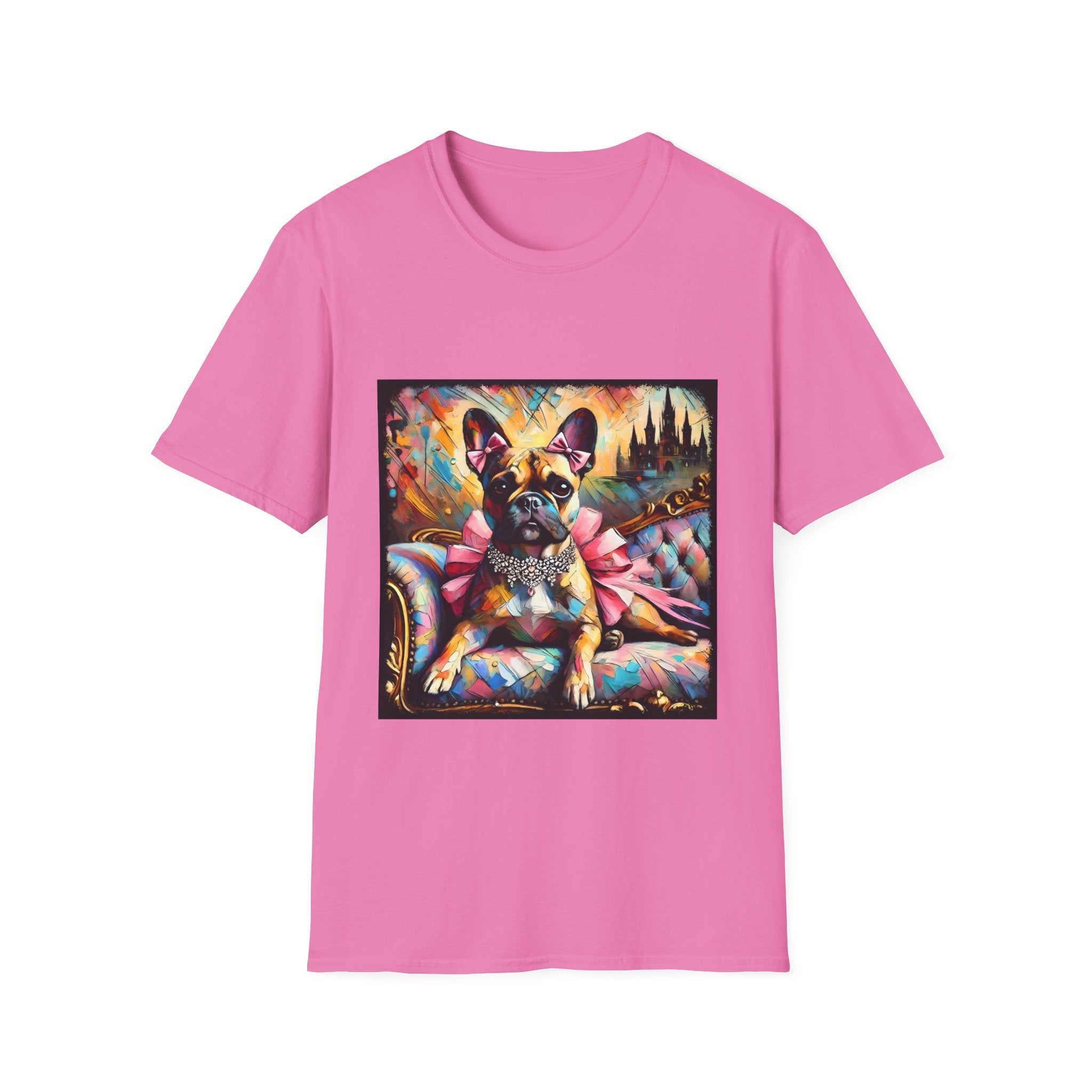 Pink dog t-shirt featuring fawn French Bulldog with jeweled collar on settee, vivid swirl and castle background.