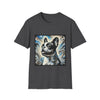 Dark Heather dog t-shirt with black and white French Bulldog portrait on swirl-patterned vintage background.