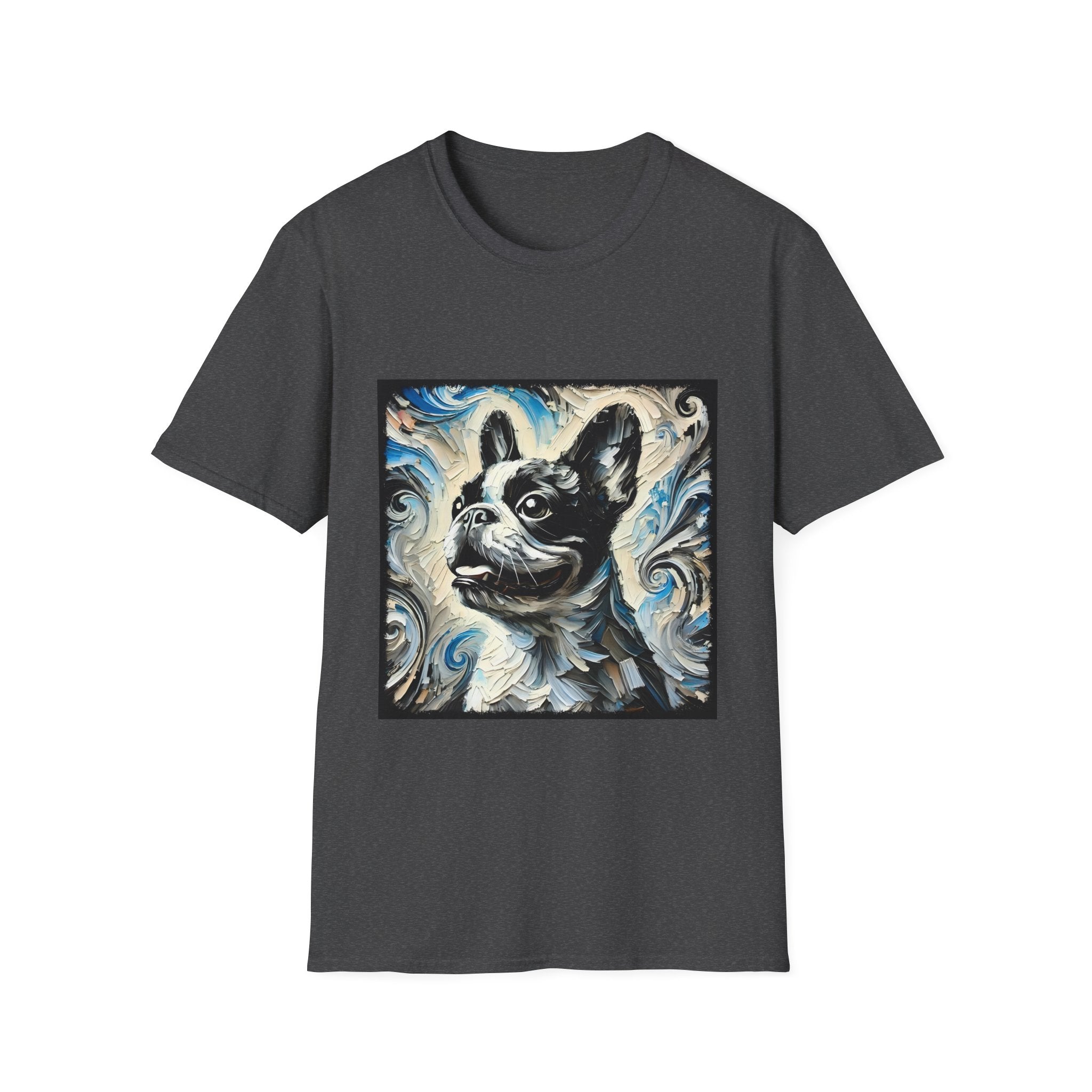 Dark Heather dog t-shirt with black and white French Bulldog portrait on swirl-patterned vintage background.