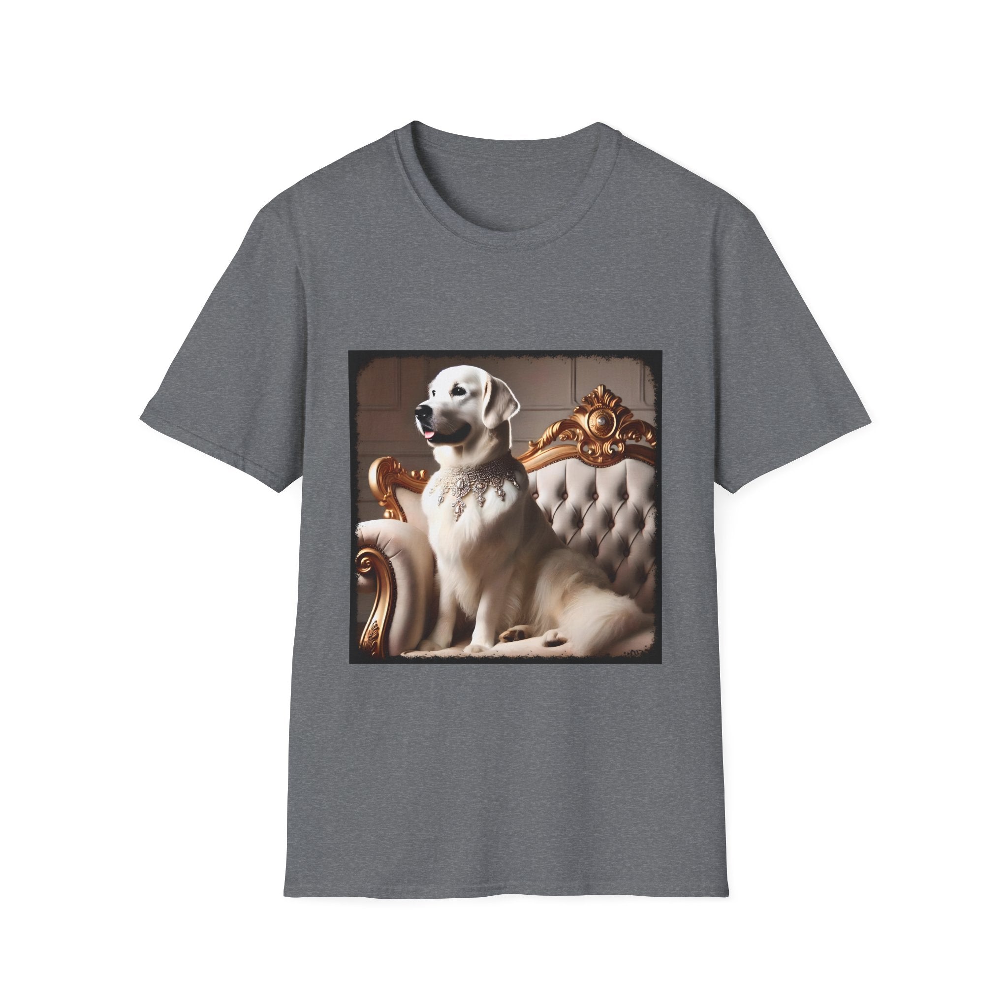 Graphite heather dog t-shirt featuring a white golden retriever in a jeweled collar on a gold-trimmed tufted settee.