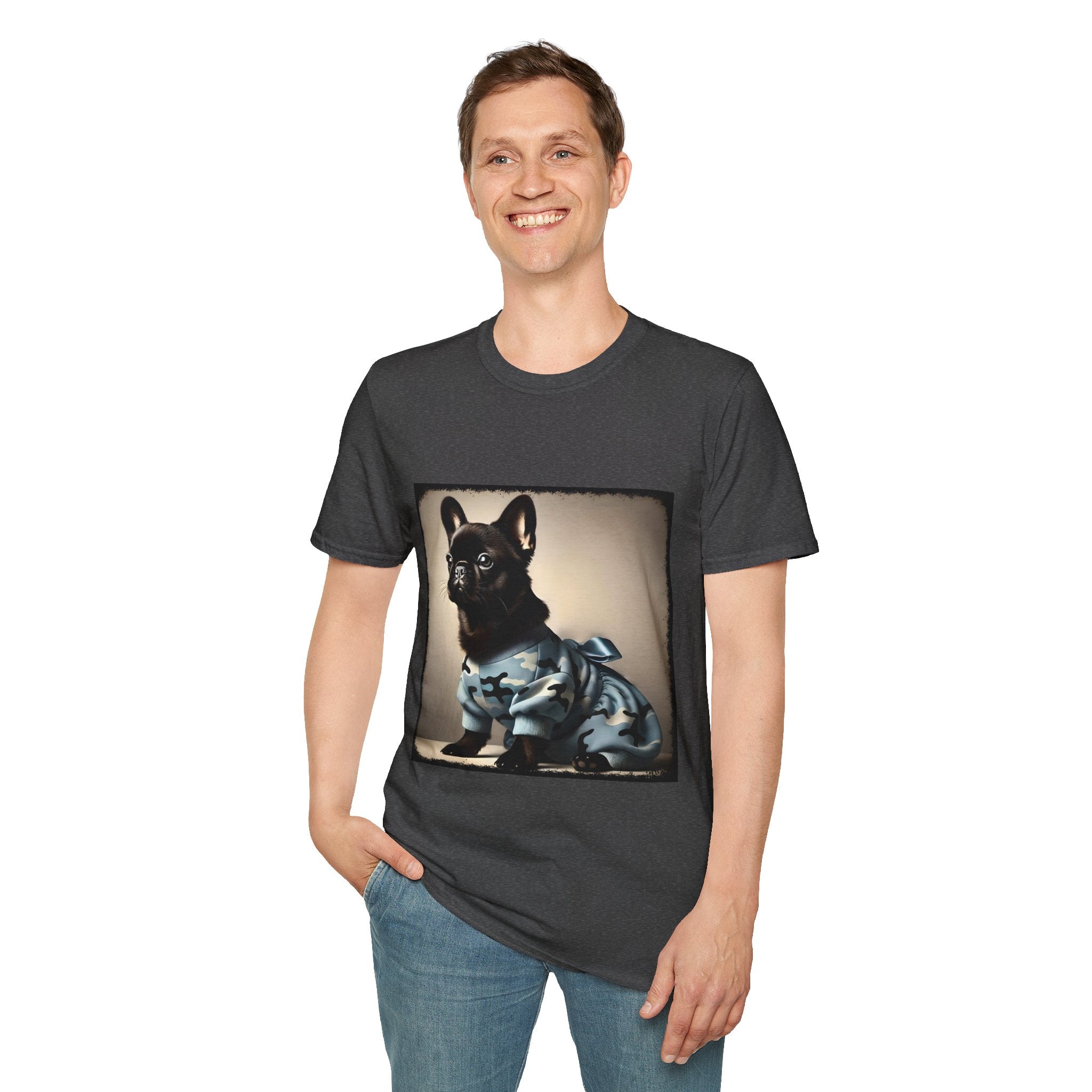 Man smiling wearing dark gray dog t-shirt featuring black French Bulldog in blue camo outfit with bow, set in soft vintage portrait.
