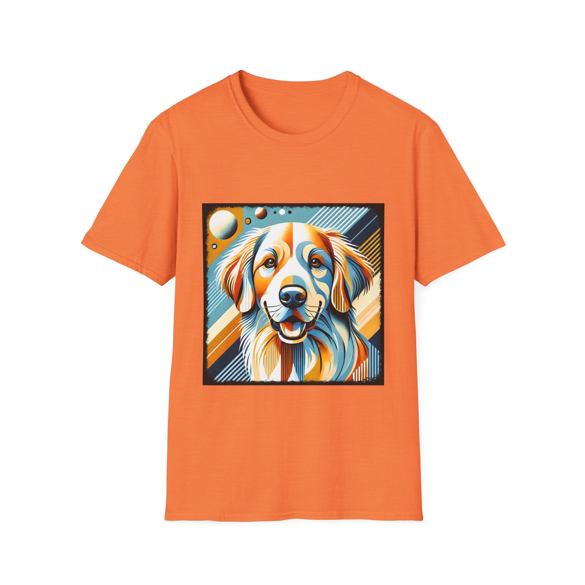 Heather orange dog t-shirt featuring smiling golden retriever in abstract pop style with blue, orange, and cream tones.