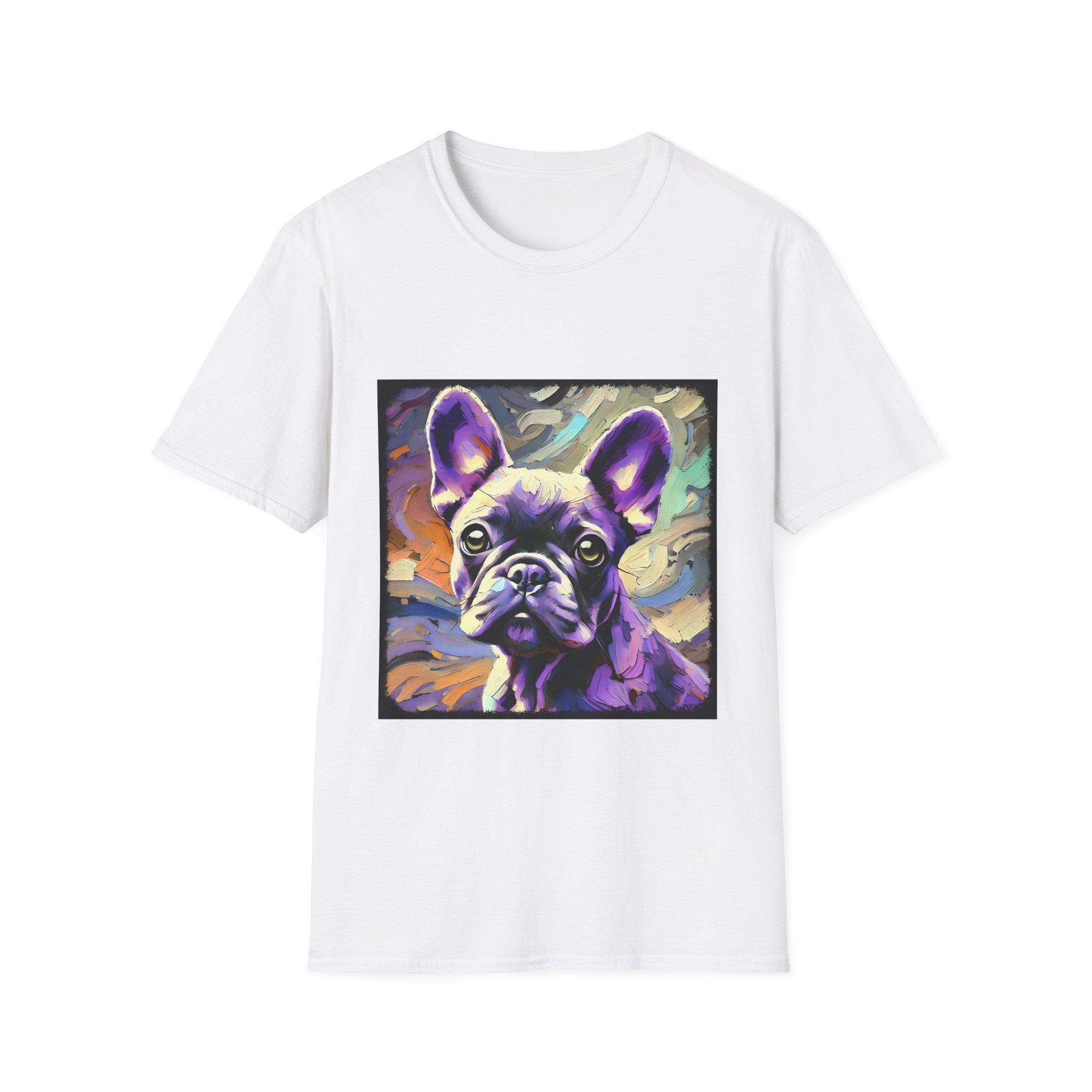 White dog t-shirt featuring a lavender purple French Bulldog with swirling brushstrokes of teal, orange, and cream.