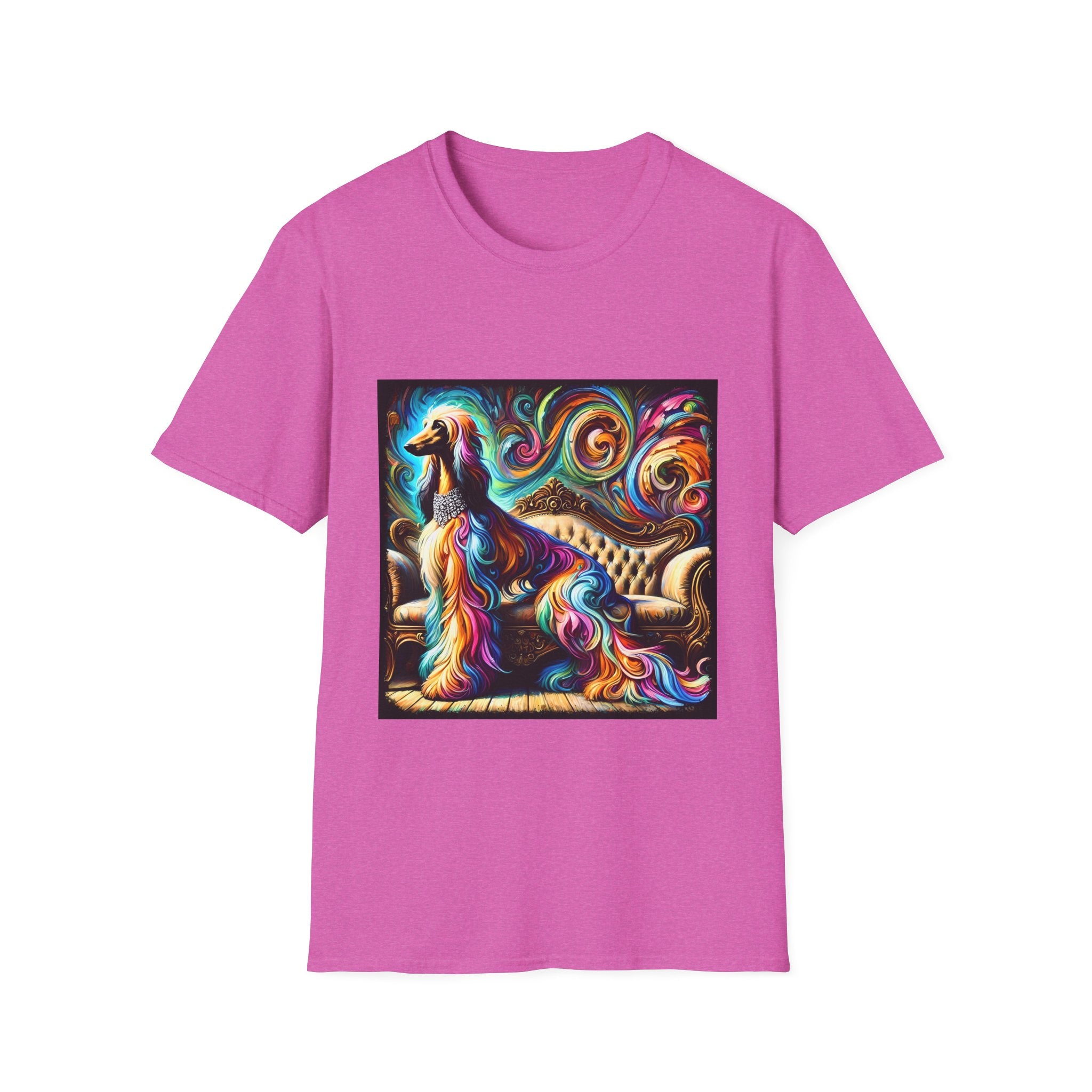 front view of dark pink dog t-shirt of Afghan Hound dog sitting before ornate settee, colorful swirling fur and vivid abstract background.