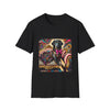 Black dog t-shirt with black retriever in edgy outfit and pink bow on striped settee, swirl backdrop.