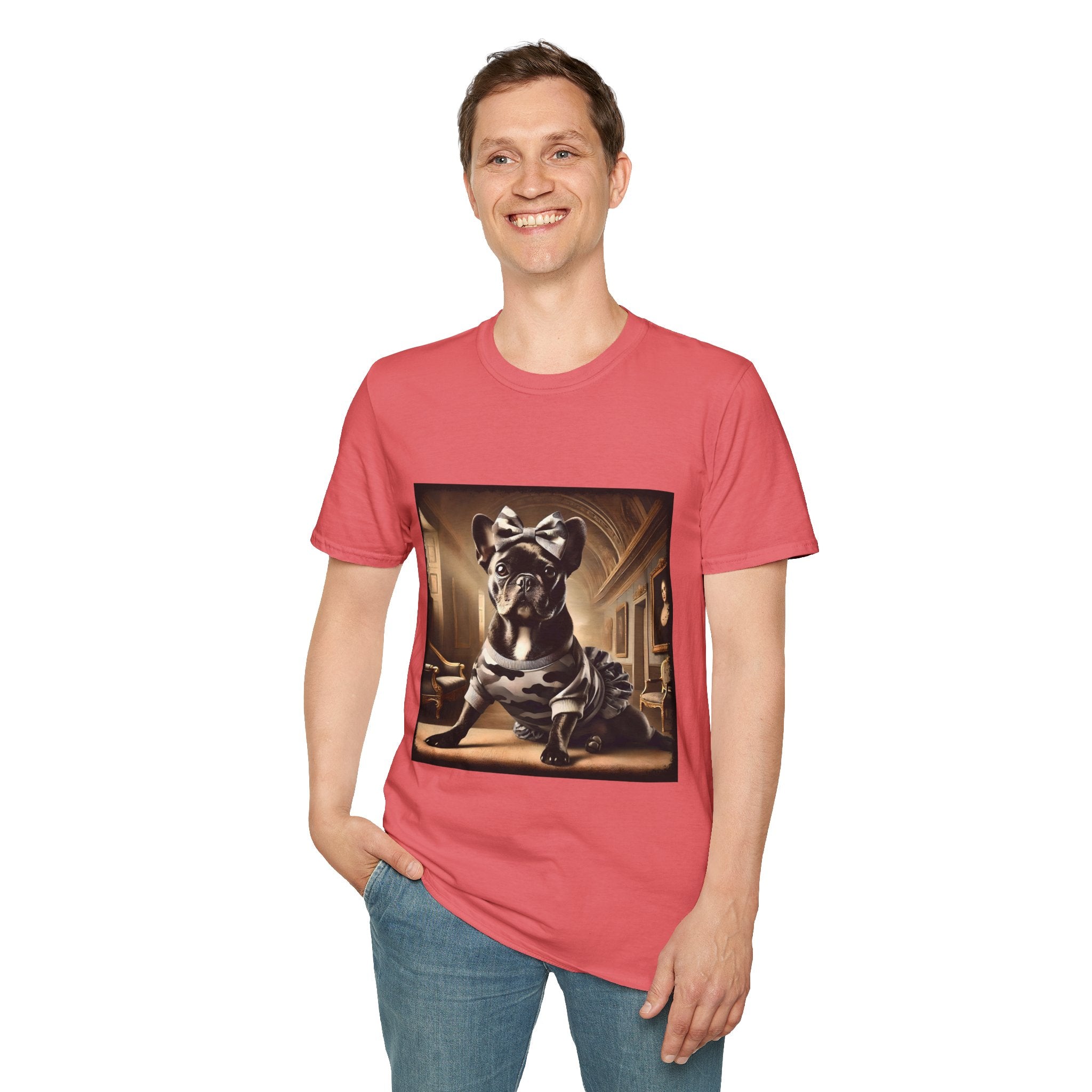 Male model in coral silk dog t-shirt featuring black French Bulldog in camo dress and bow, set in sepia-toned palace hall.