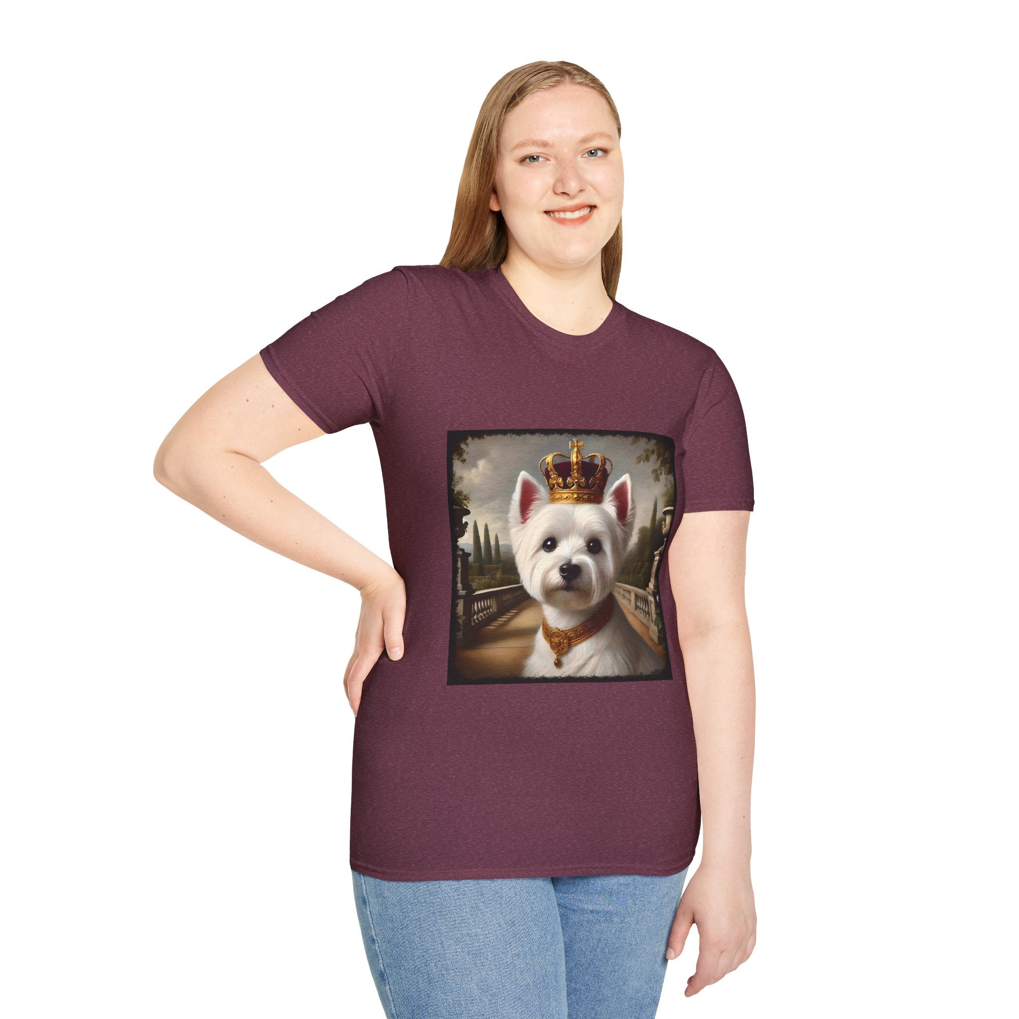 Female model in heather maroon dog t-shirt featuring regal Westie in gold crown and collar on palace terrace background.