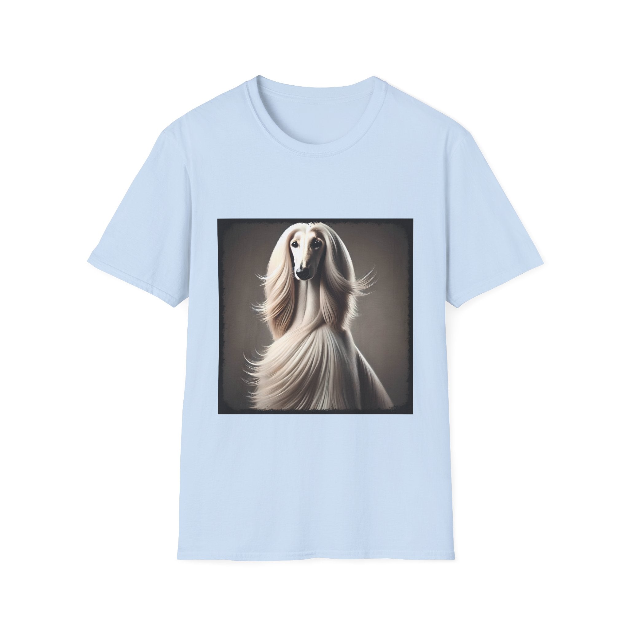 White Afghan Hound with flowing hair, featured on a stylish light blue dog t-shirt against a soft background.