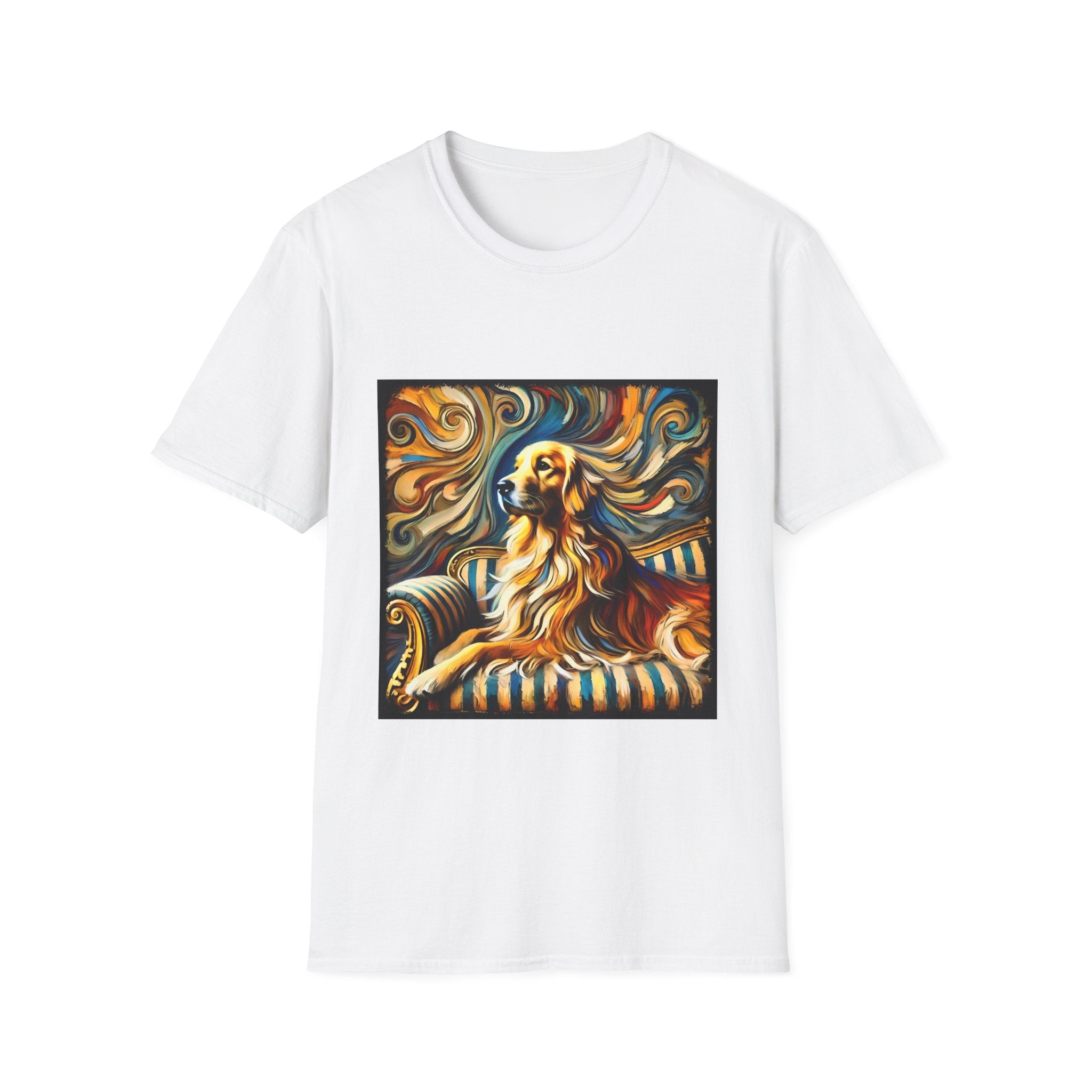 White dog t-shirt featuring golden retriever on striped settee with swirling abstract background in golds.