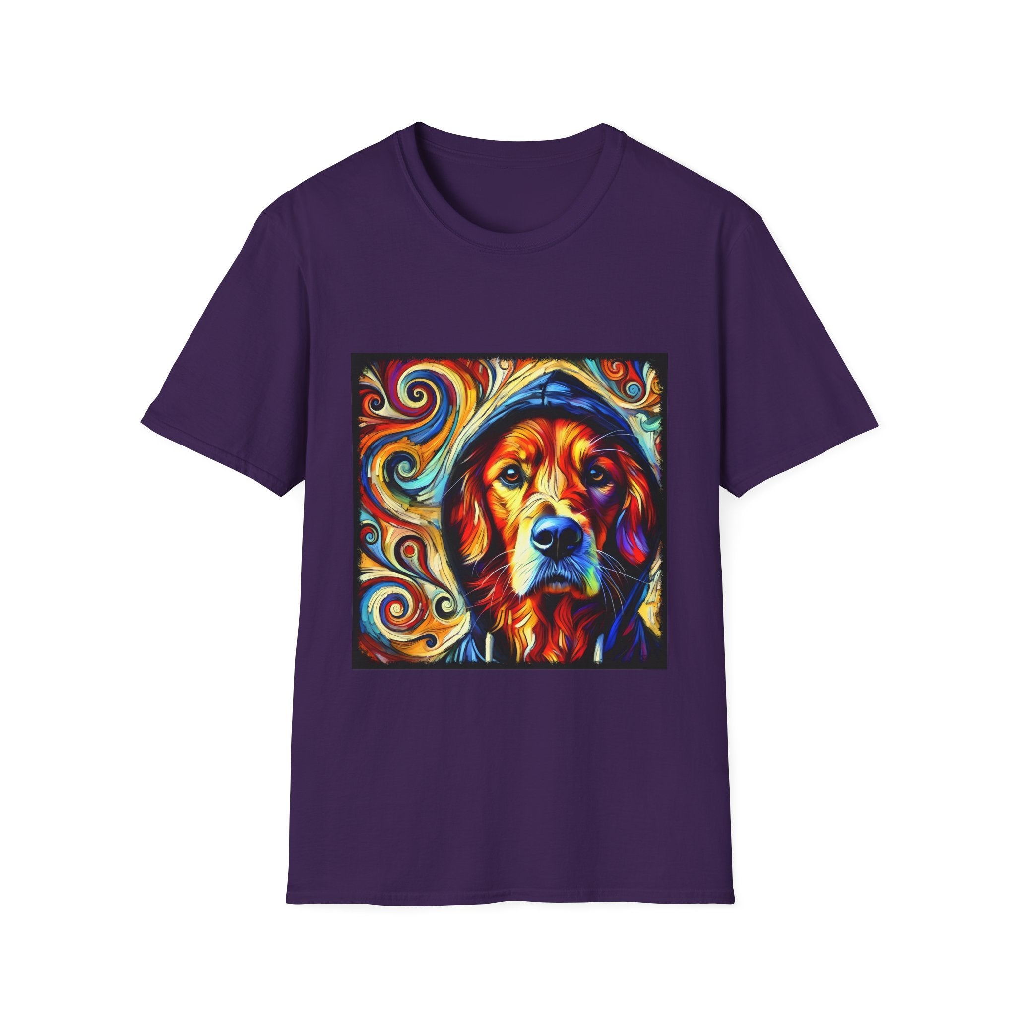 Purple dog t-shirt with golden retriever in blue hoodie, bold swirls in red, orange, and teal behind.