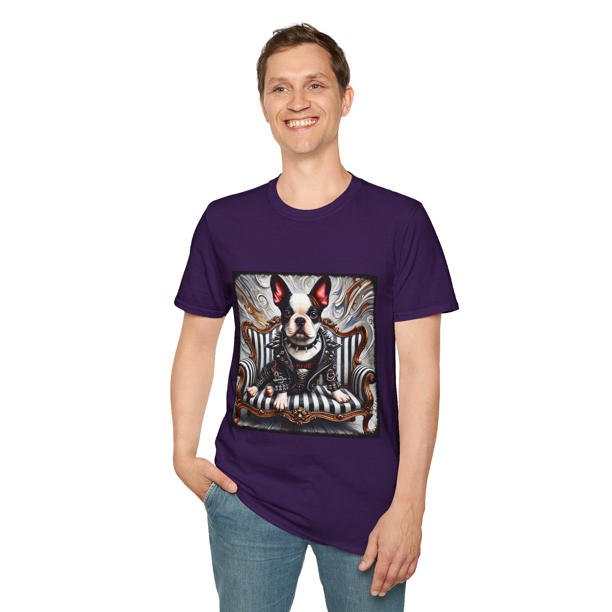 Male model in purple dog t-shirt featuring Boston Terrier in leather studded jacket on striped chair with metallic swirl background.