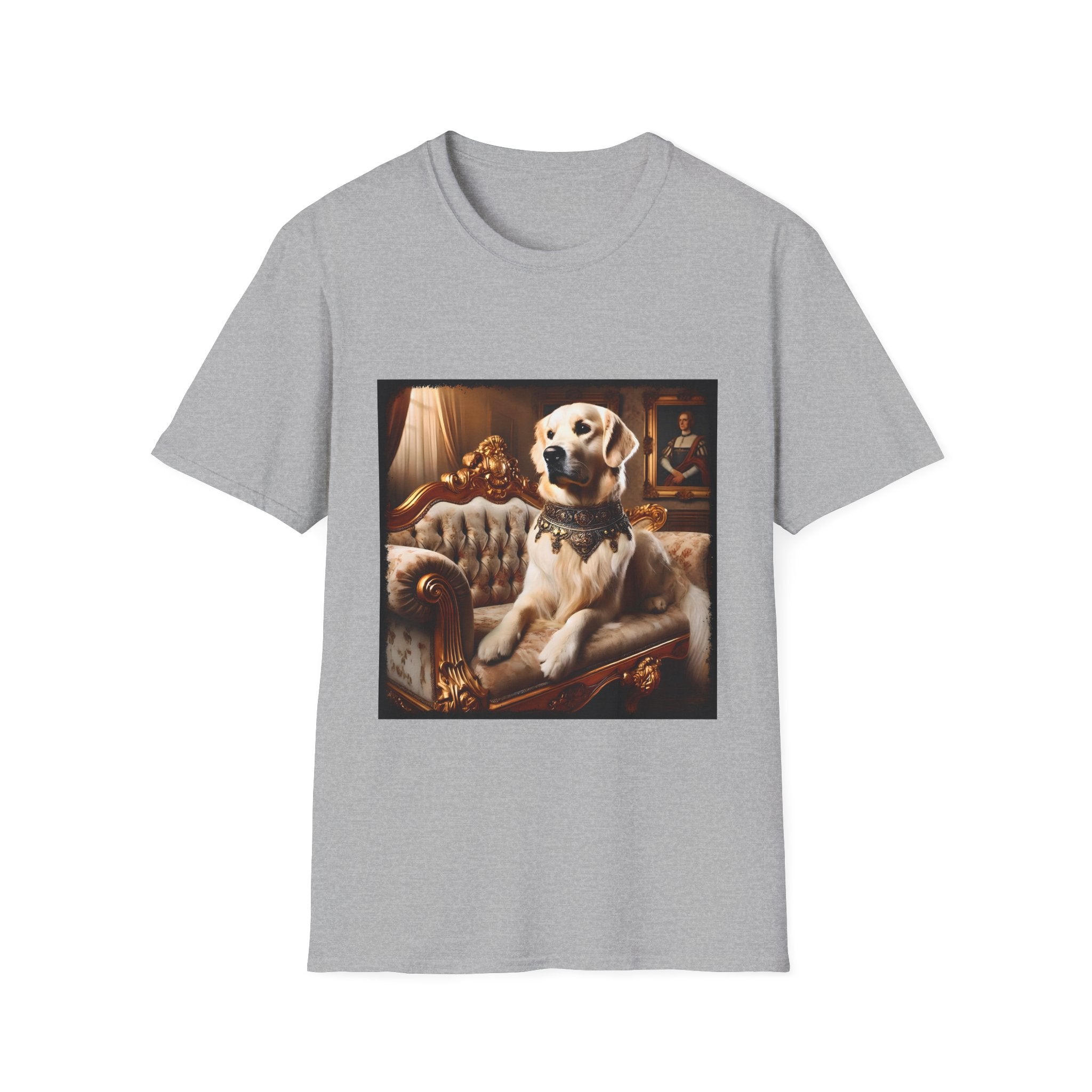 Sport gray dog t-shirt featuring golden retriever in jeweled collar on ornate cream and gold settee, regal setting.