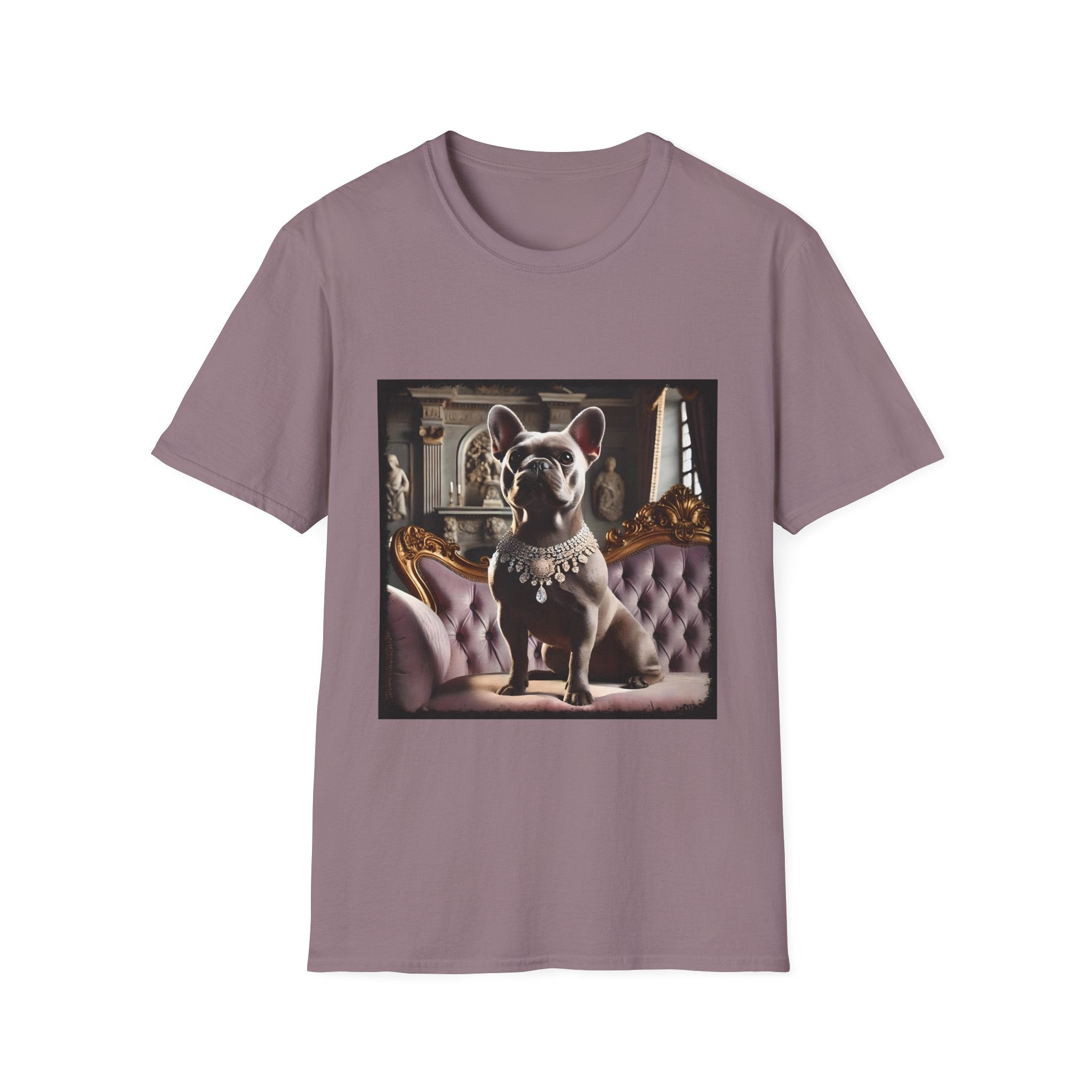 Mauve dog t-shirt featuring gray French Bulldog in jeweled necklace on tufted settee with grand palace-style background.