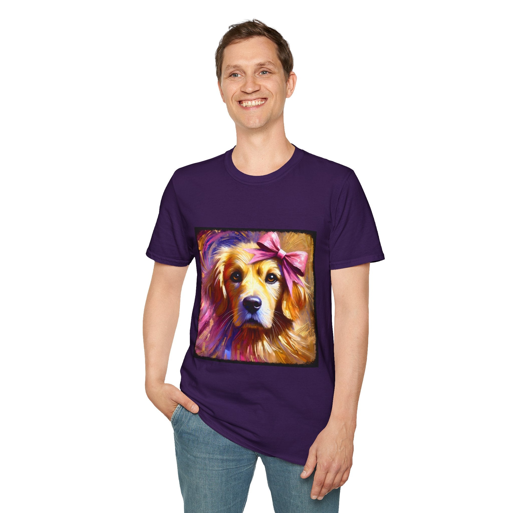 Male model in purple dog t-shirt featuring golden retriever with pink bow on head, bold brushstroke background in pinks.