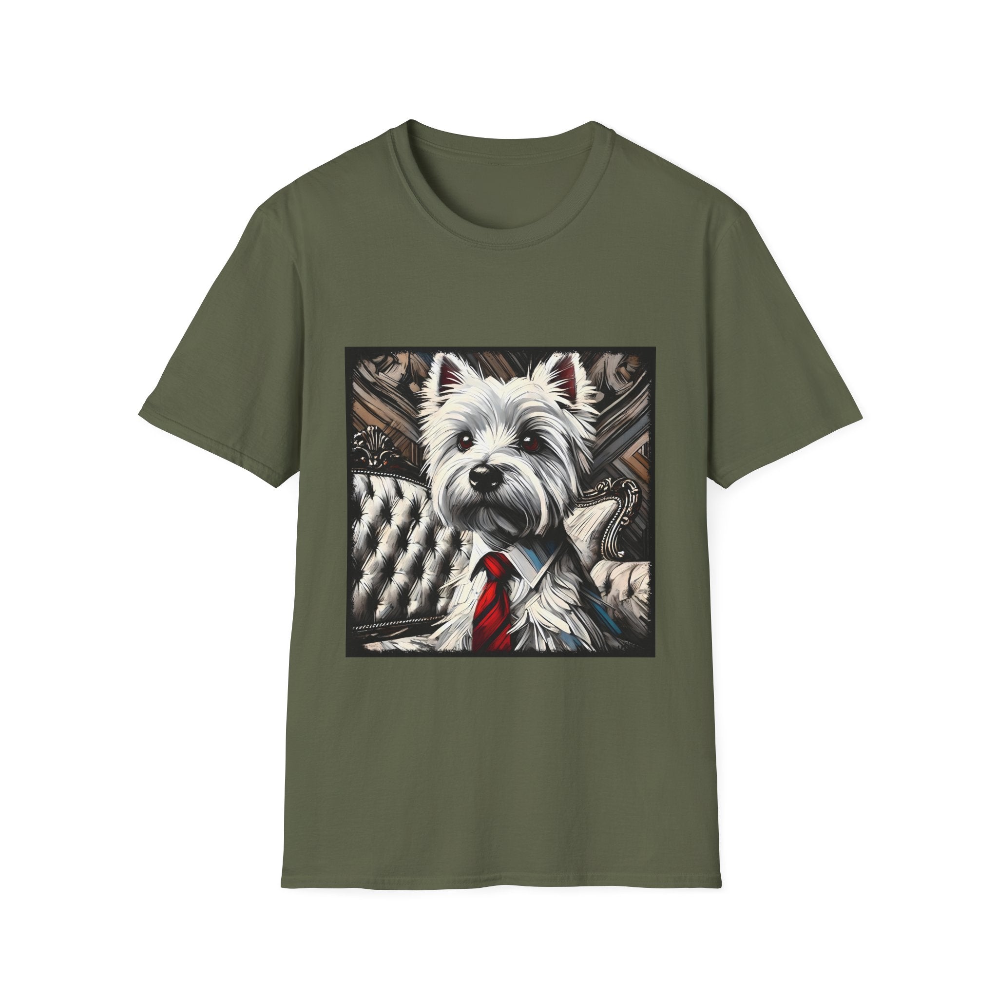 Military green dog t-shirt featuring a Westie in a red tie seated on a tufted chair in a wood-accent room.