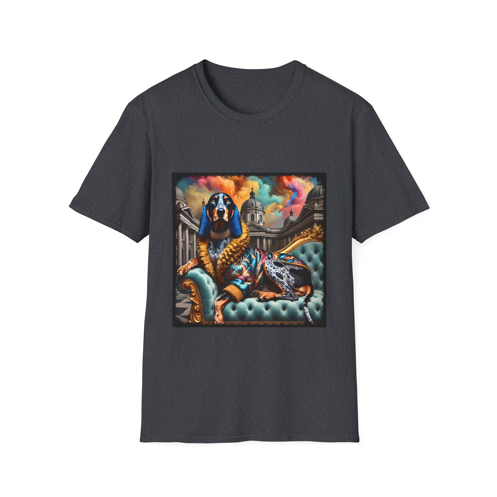 Dark heather gray dog t-shirt featuring coonhound on teal settee wearing ornate gold-trimmed robe with silk scarf.