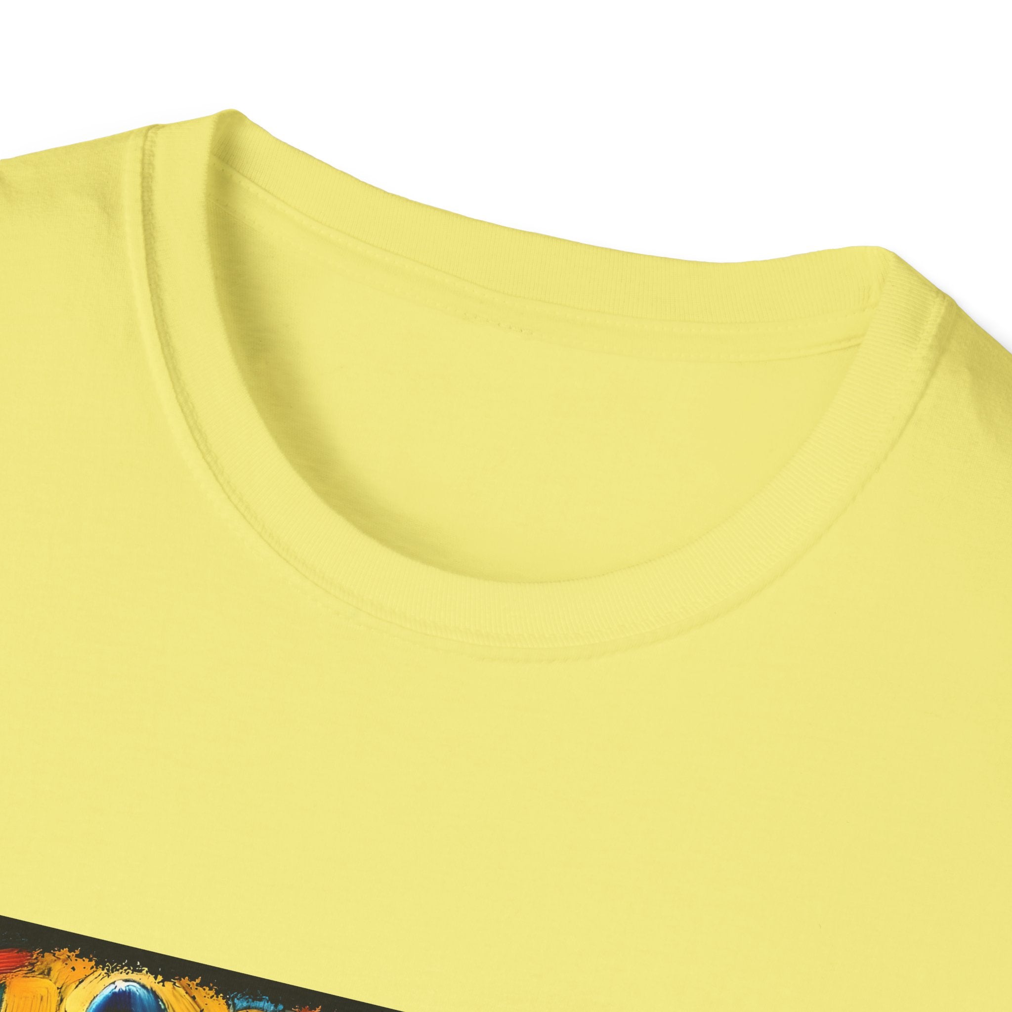 Crew neck view of yellow dog t-shirt featuring French Bulldog in red jersey on basketball court, expressionism style.