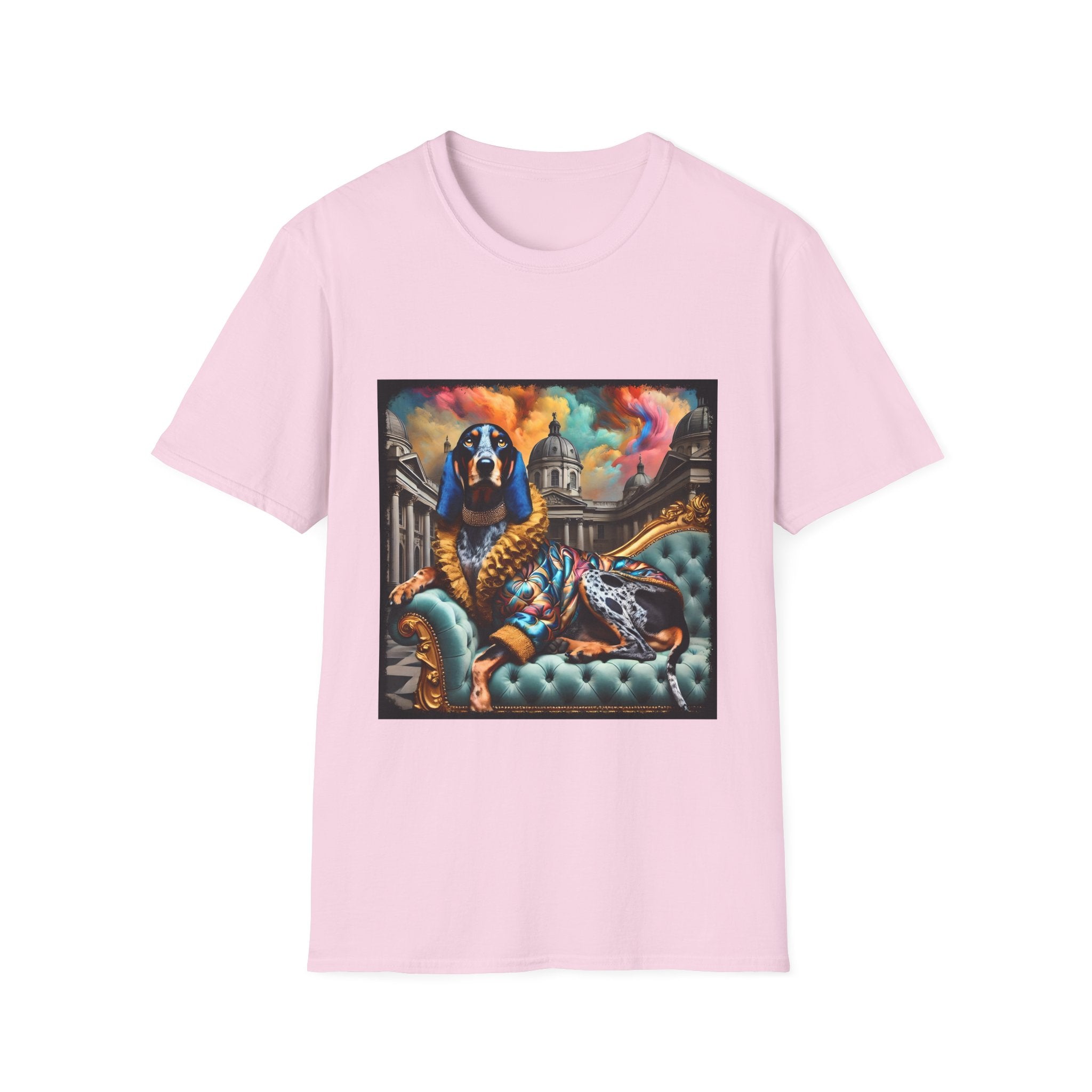 Light pink dog t-shirt featuring coonhound on teal settee wearing ornate gold-trimmed robe with silk scarf.