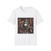 White dog t-shirt featuring boxer in brown period suit with cravat seated in ornate blue armchair.