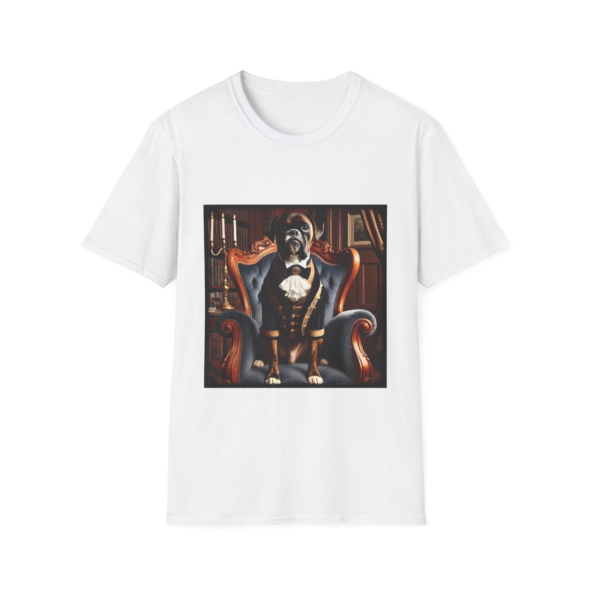White dog t-shirt featuring boxer in brown period suit with cravat seated in ornate blue armchair.