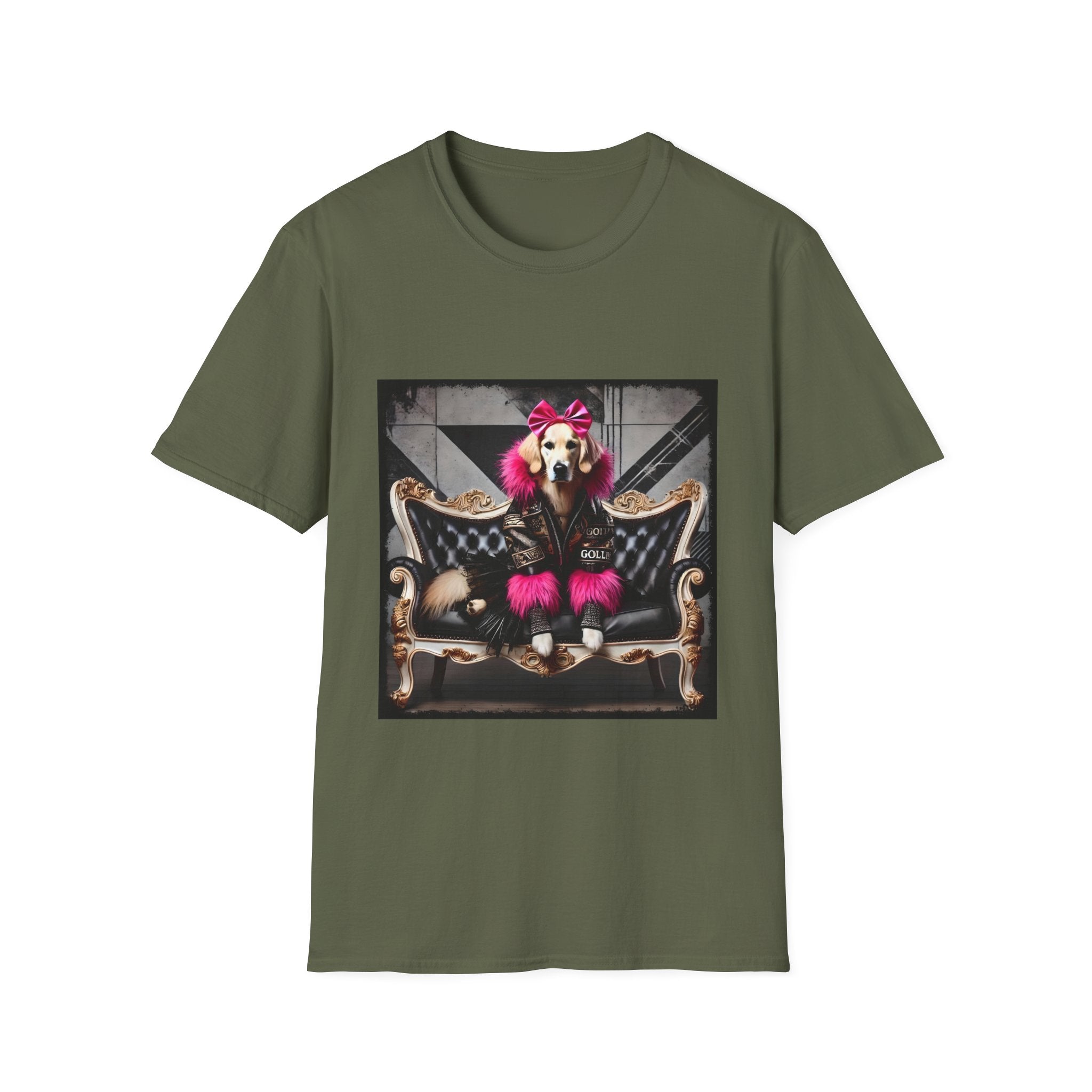 Military green dog t-shirt featuring golden retriever with pink bow and fur outfit on black settee in edgy backdrop.