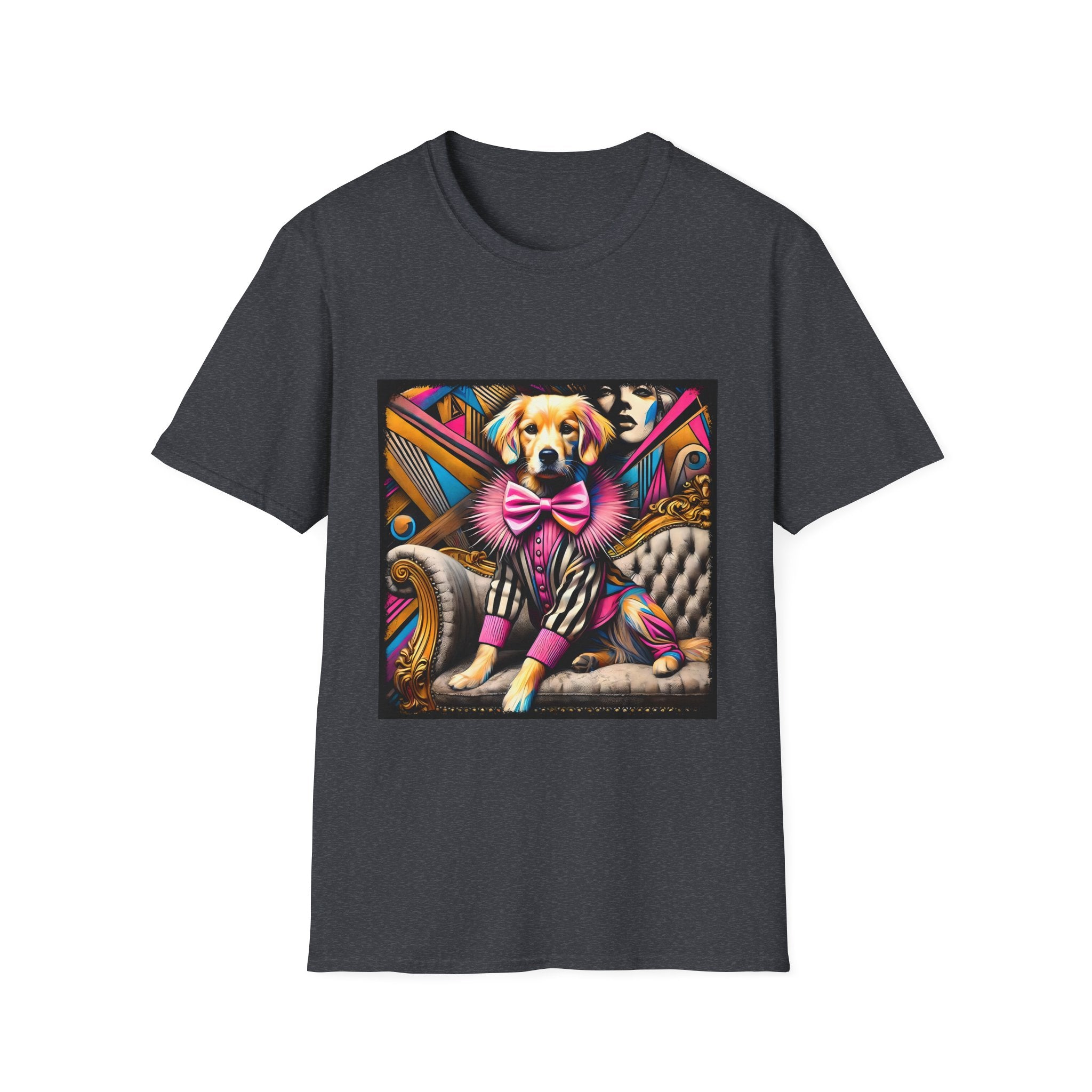Dark heather gray dog t-shirt with golden retriever in striped outfit and pink bow on bold pop-art settee.
