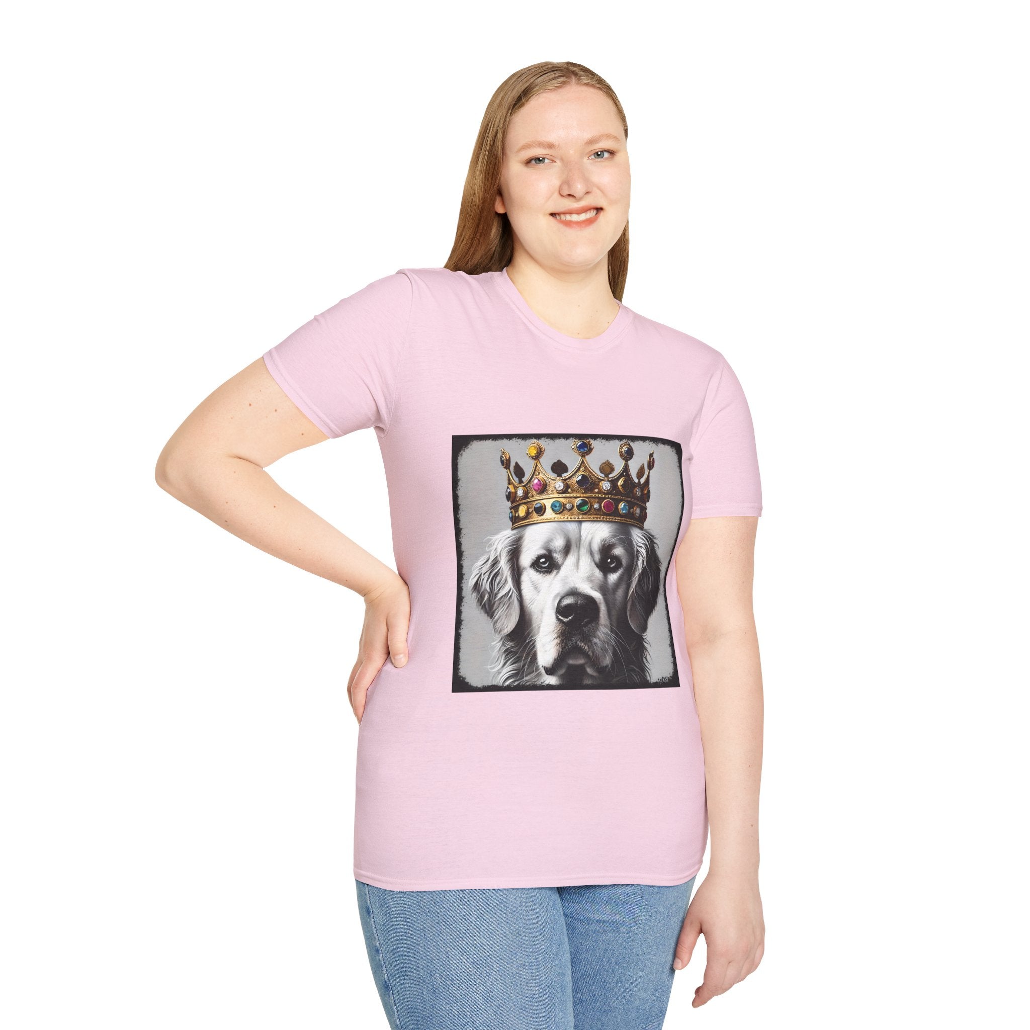 Female model in light pink dog t-shirt featuring a black-and-white golden retriever in jeweled crown on gray backdrop.