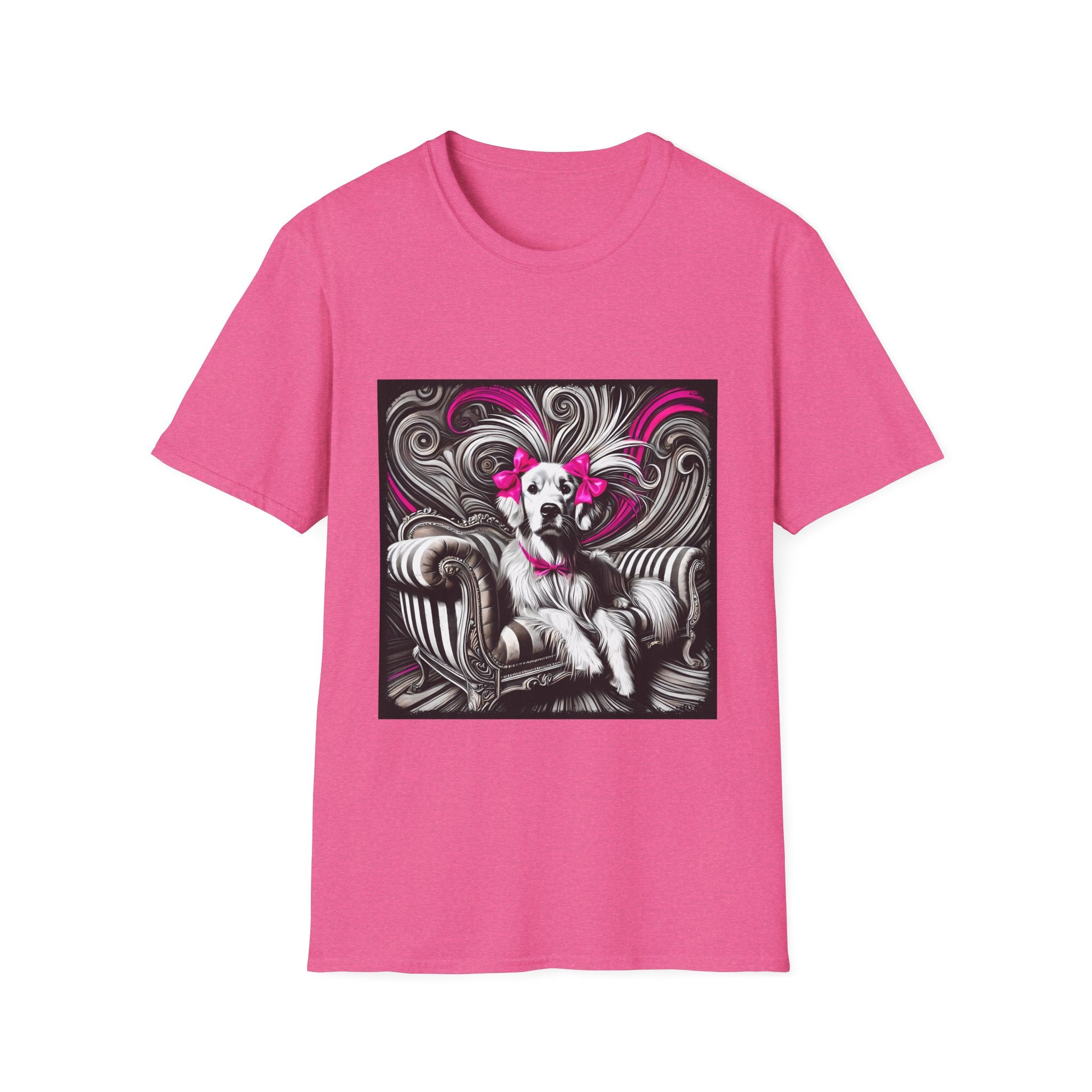 Bright pink dog t-shirt featuring black-and-white art of retriever with pink bows and swirling accents.