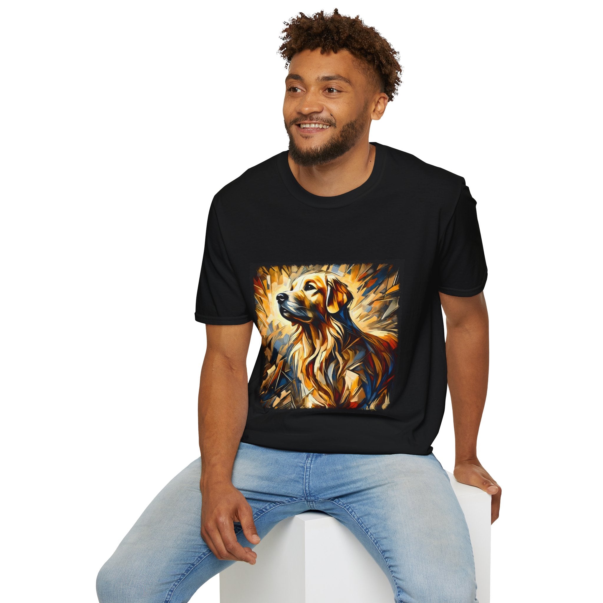 Male model in black dog t-shirt featuring golden retriever portrait with fiery gold, blue, and amber abstract swirls.