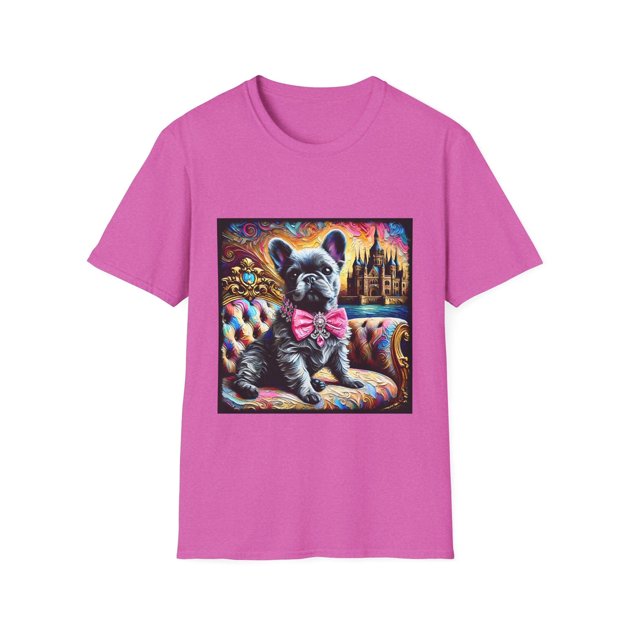 Dark Pink dog t-shirt featuring a black French Bulldog in pink bow on ornate settee, with vivid castle and swirl background.