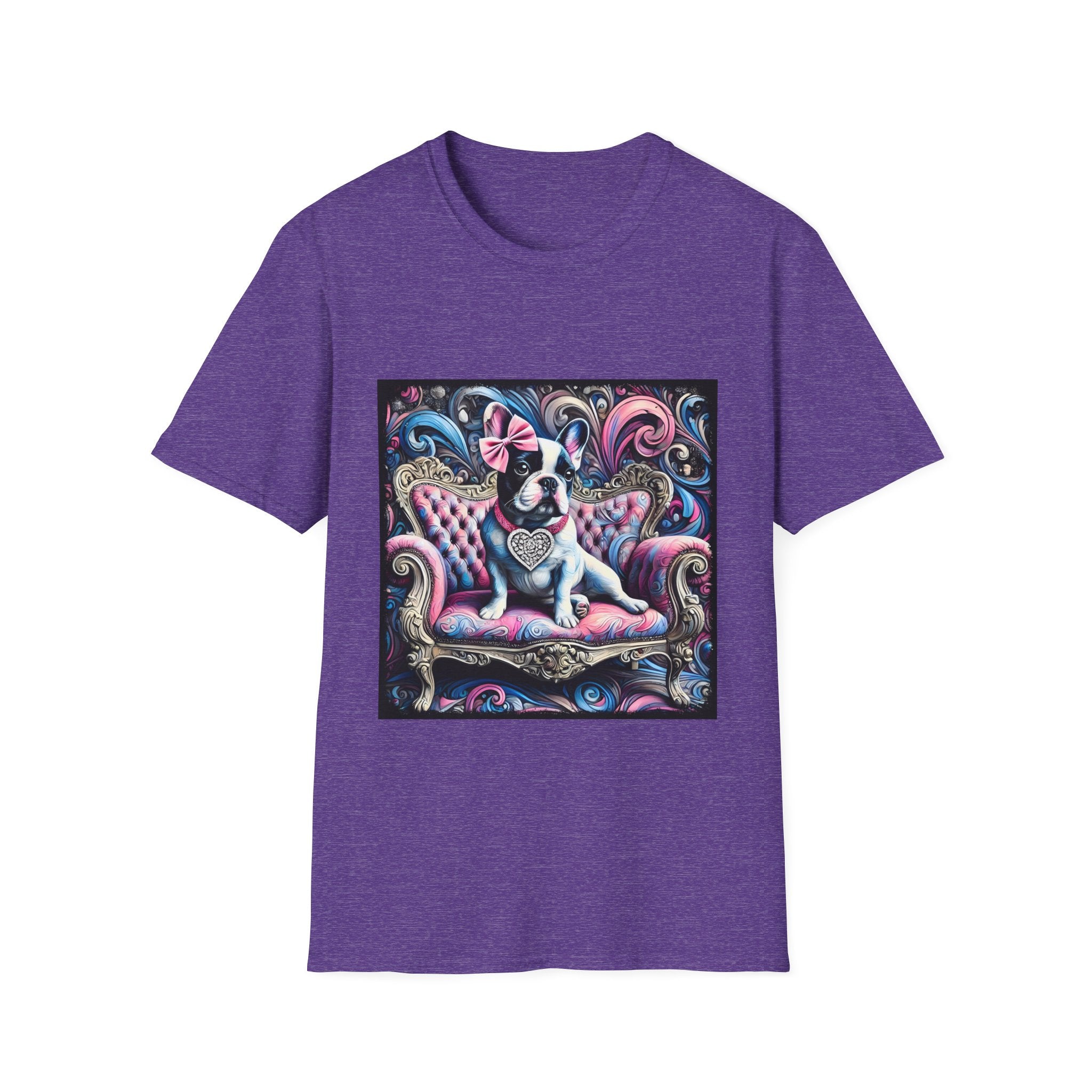 Heather purple dog t-shirt featuring a black and white French Bulldog with a pink bow, seated on a tufted pink and gold settee against a swirling blue, pink, and purple expressionist-style background.