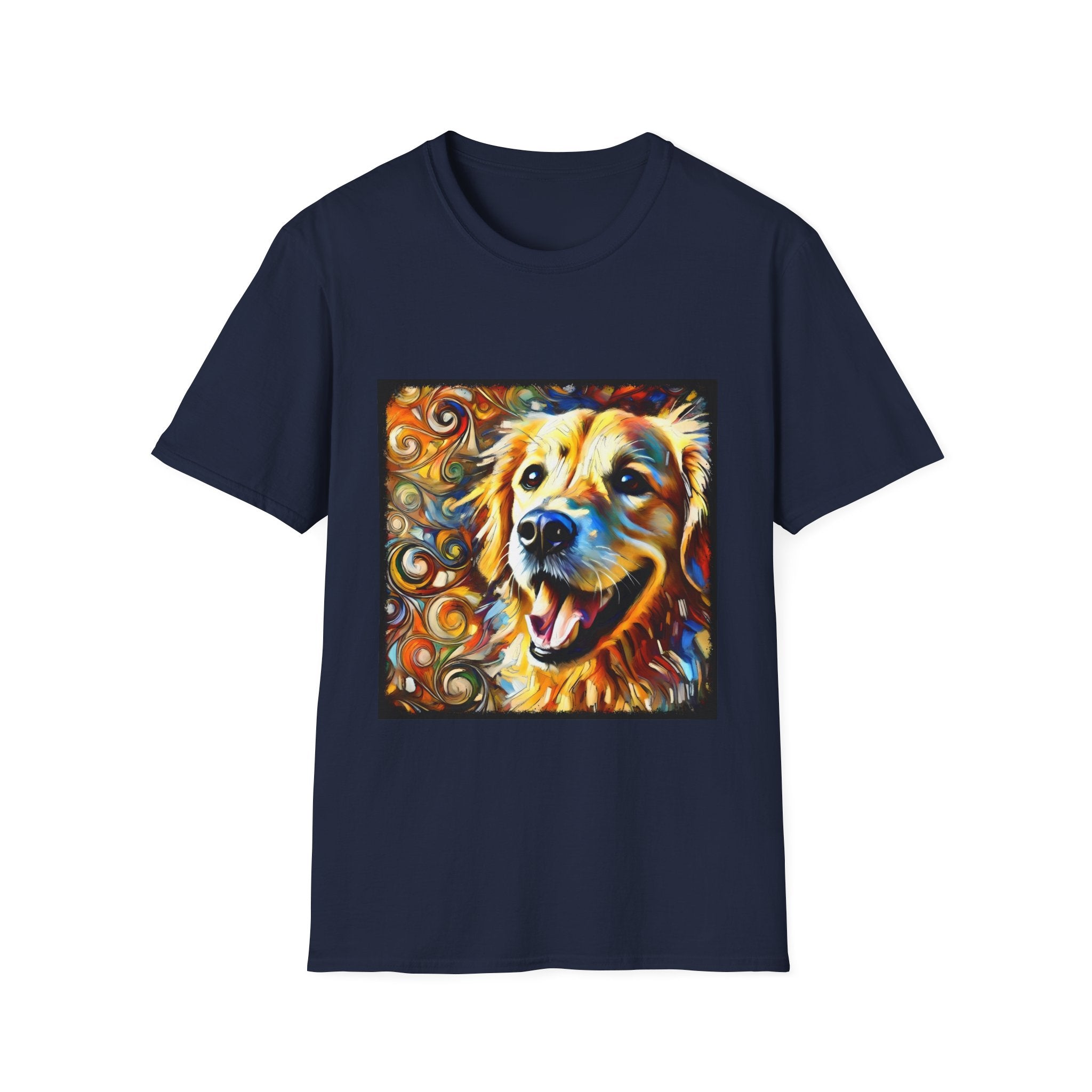 Navy dog t-shirt featuring smiling golden retriever portrait with bold swirls in orange, gold, and blue.