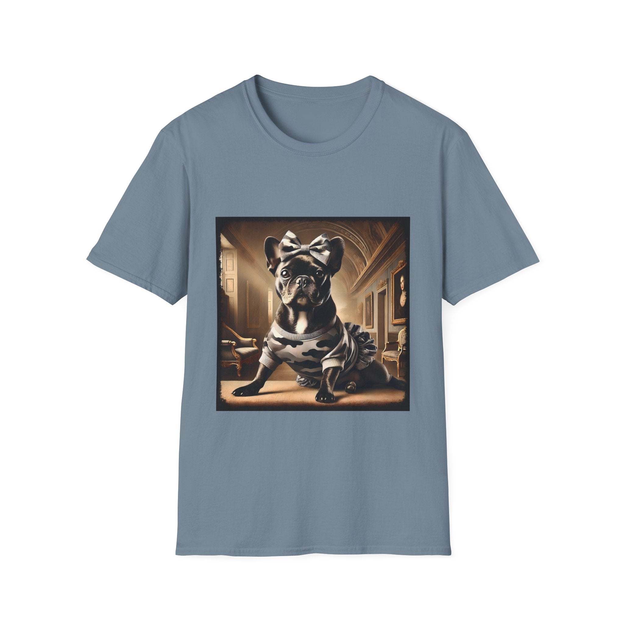 Stone blue dog t-shirt featuring black French Bulldog in camo dress and bow, set in sepia-toned palace hall.