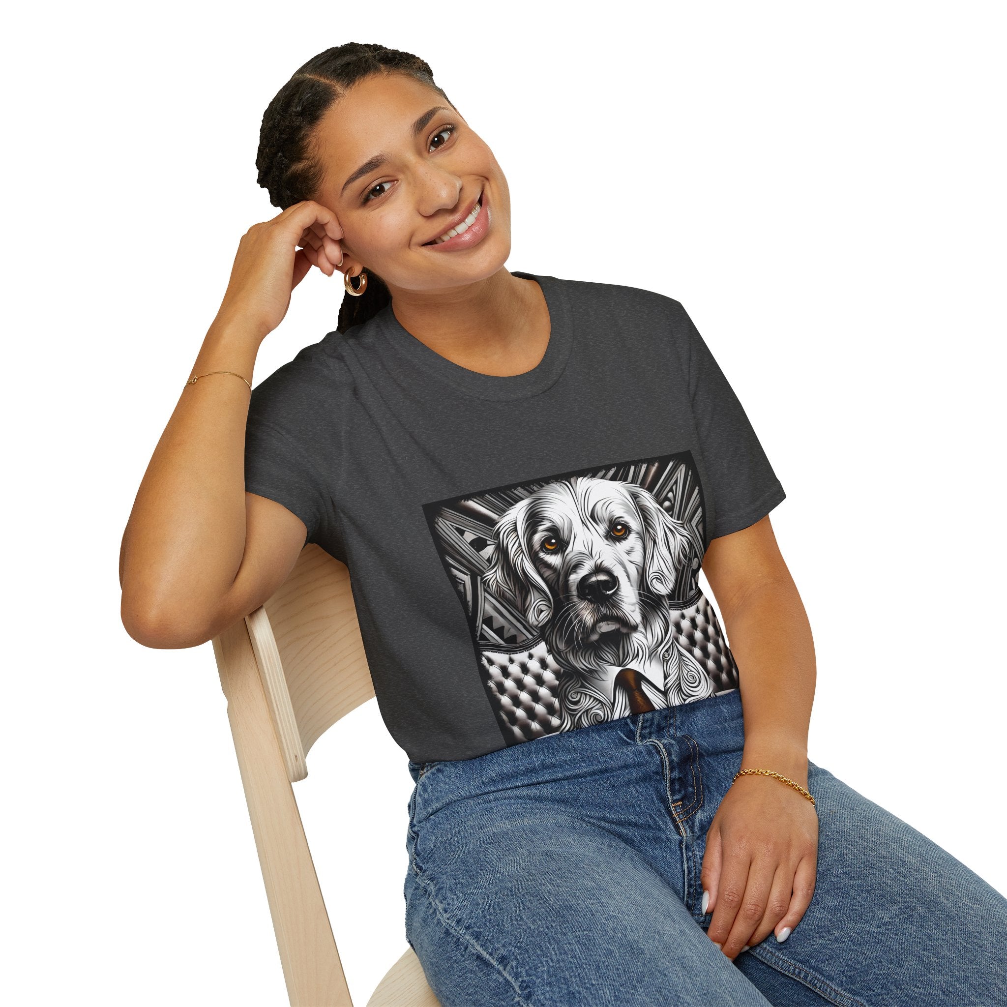 Female model in dark heather gray dog t-shirt featuring monochrome golden retriever with brown eyes and tie in front of settee.