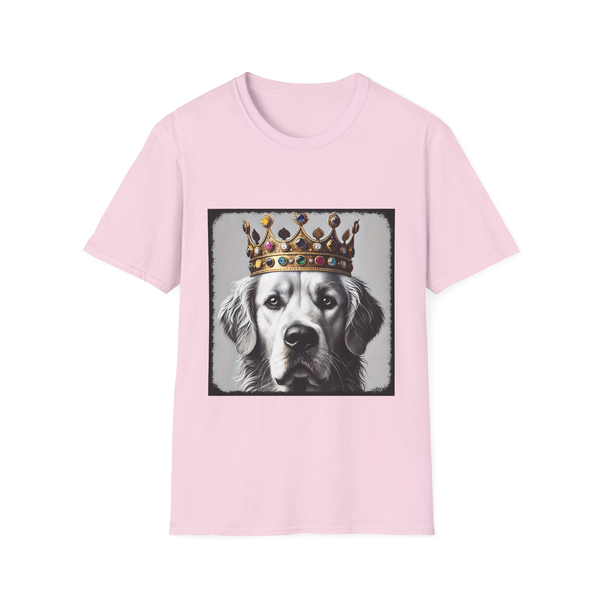 Light pink dog t-shirt featuring a black-and-white golden retriever in jeweled crown on gray backdrop.