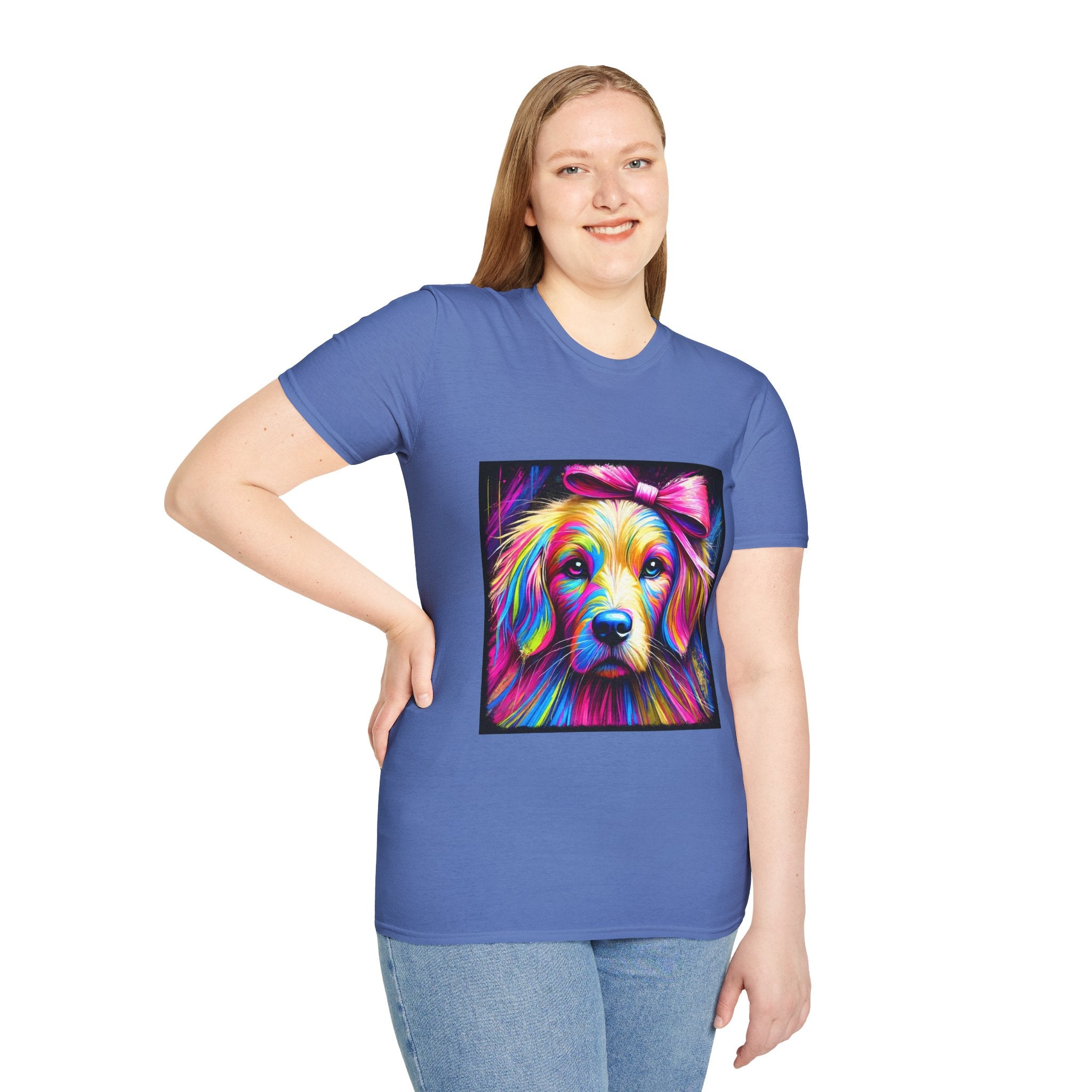 Female model in cornflower blue dog t-shirt featuring neon-colored golden retriever with pink bow on vibrant electric abstract backdrop.